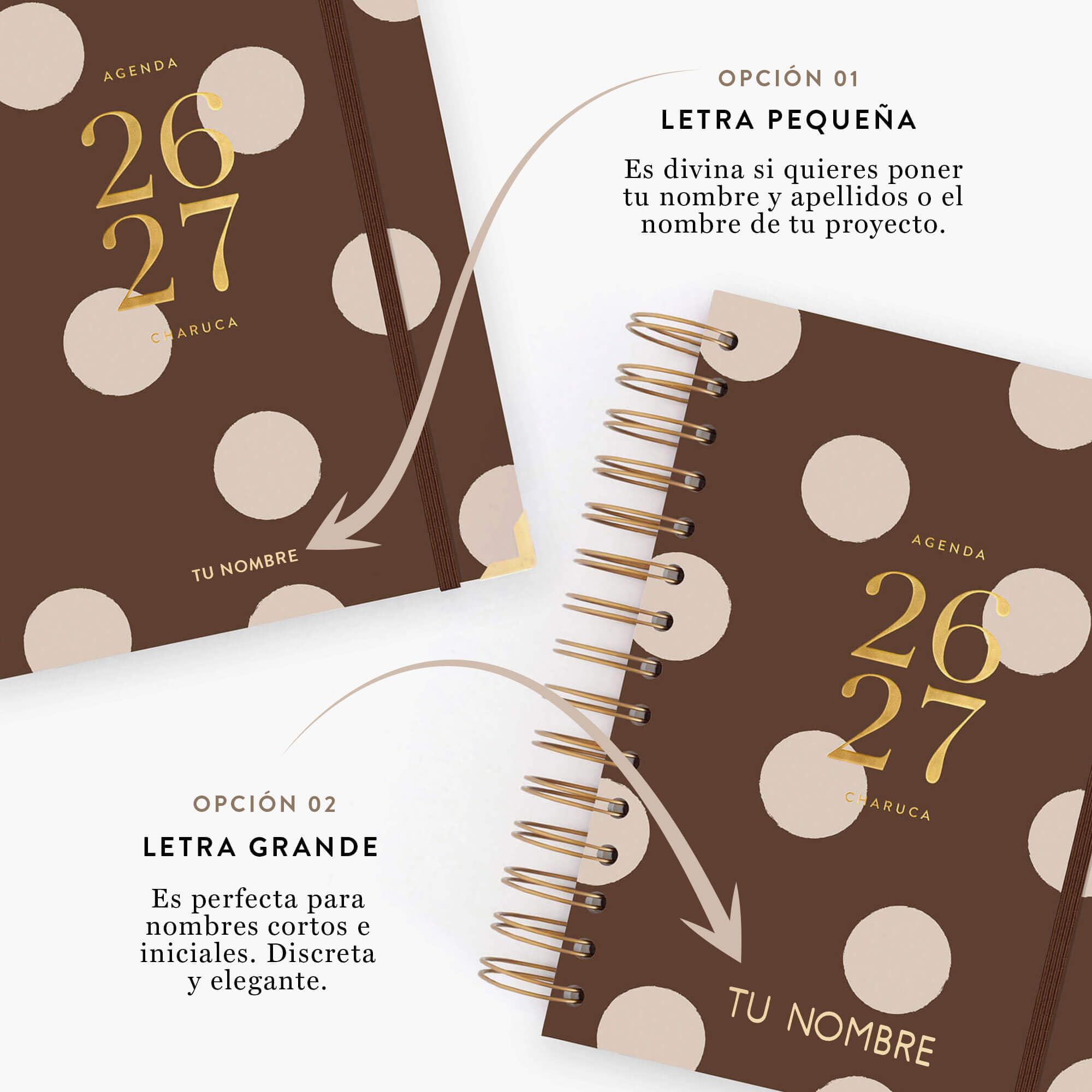 Agenda Charuca 26-27 Académica VISTA DIARIA - Tapa Dura con Detalles Dorados, Tamaño MEDIANA - Incluye BOLSA de Tela PROTECTORA y Marcapáginas - Hecho en España. (CHOCOLATE LOVE)