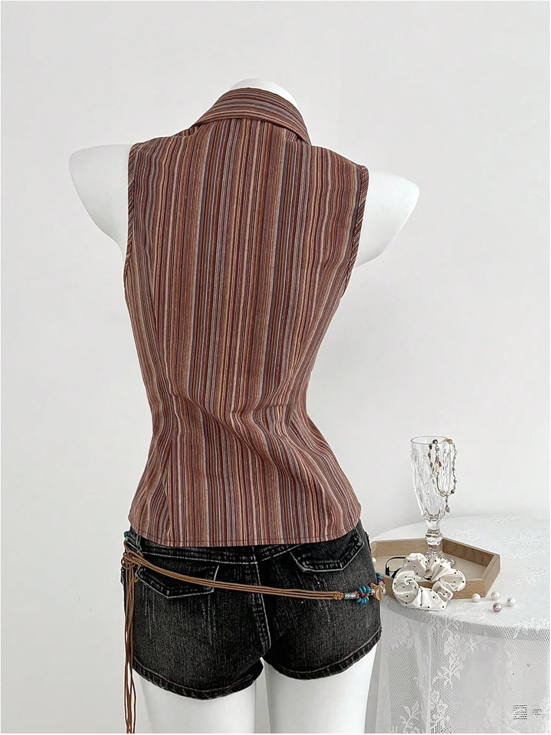 MakeMeChic Women's Striped Lace Up Blouse V Neck Collar Sleeveless Y2k Western Shirt - Image 3