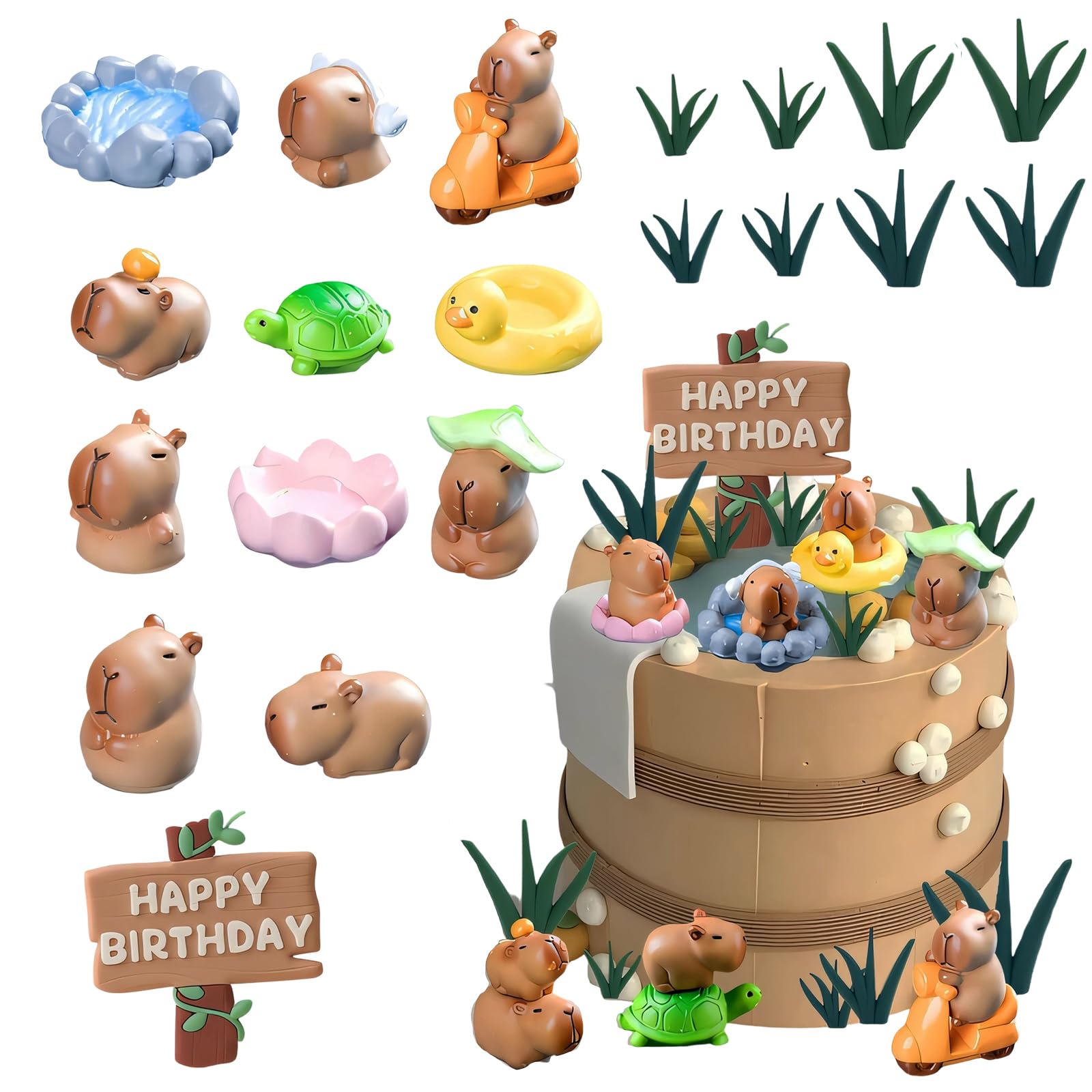 Capybara Cake Topper, 20 PCS Happy Birthday Cake Topper with Resin Animals, Mini Capybara Cake Decor, Capybara Party Decorations for Birthday Cakes