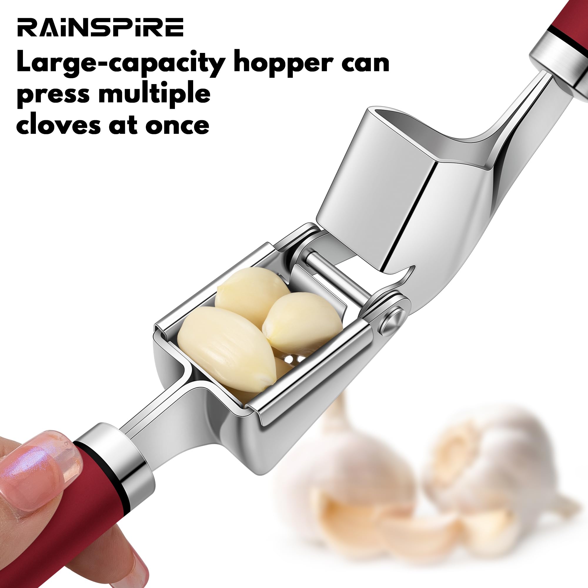 Rainspire Premium Knoblauchpresse Edelstahl, Knoblauchwolf Werkzeug, Knoblauchzerkleinerer Werkzeug, Knoblauchzerkleinerer Knoblauchstampfer Inklusive Silikon Knoblauchschäler & Reinigungsbürste,