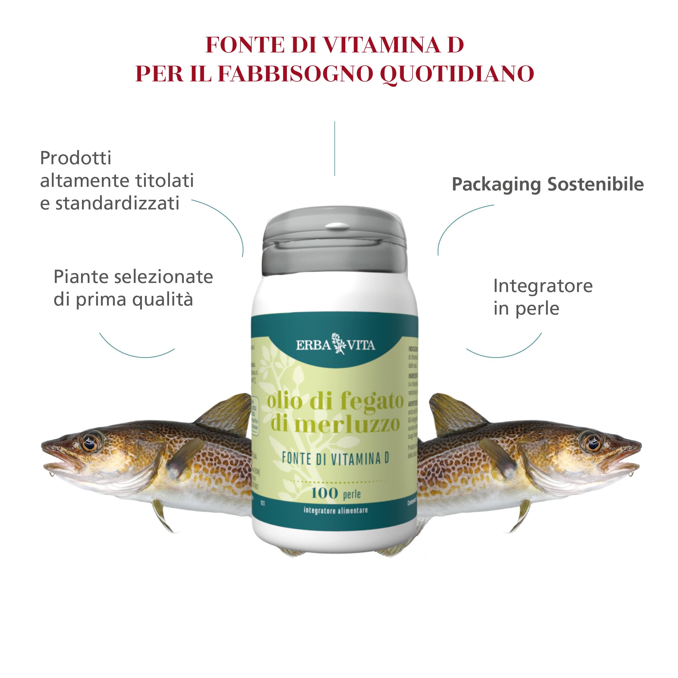ERBA VITA Integratore Alimentare Di Olio Di Fegato Di Merluzzo - Perle, 100 Unità