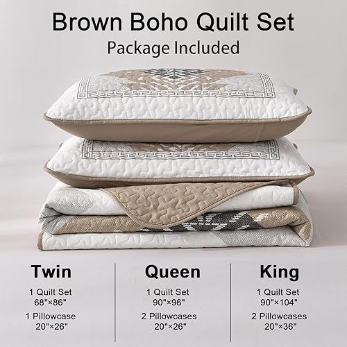 Miniatura 7 de Dintszyayue Juego de edredón bohemio marrón King, edredón de 3 piezas con textura azteca con 2 fundas de almohada, juego de ropa de cama geométrico