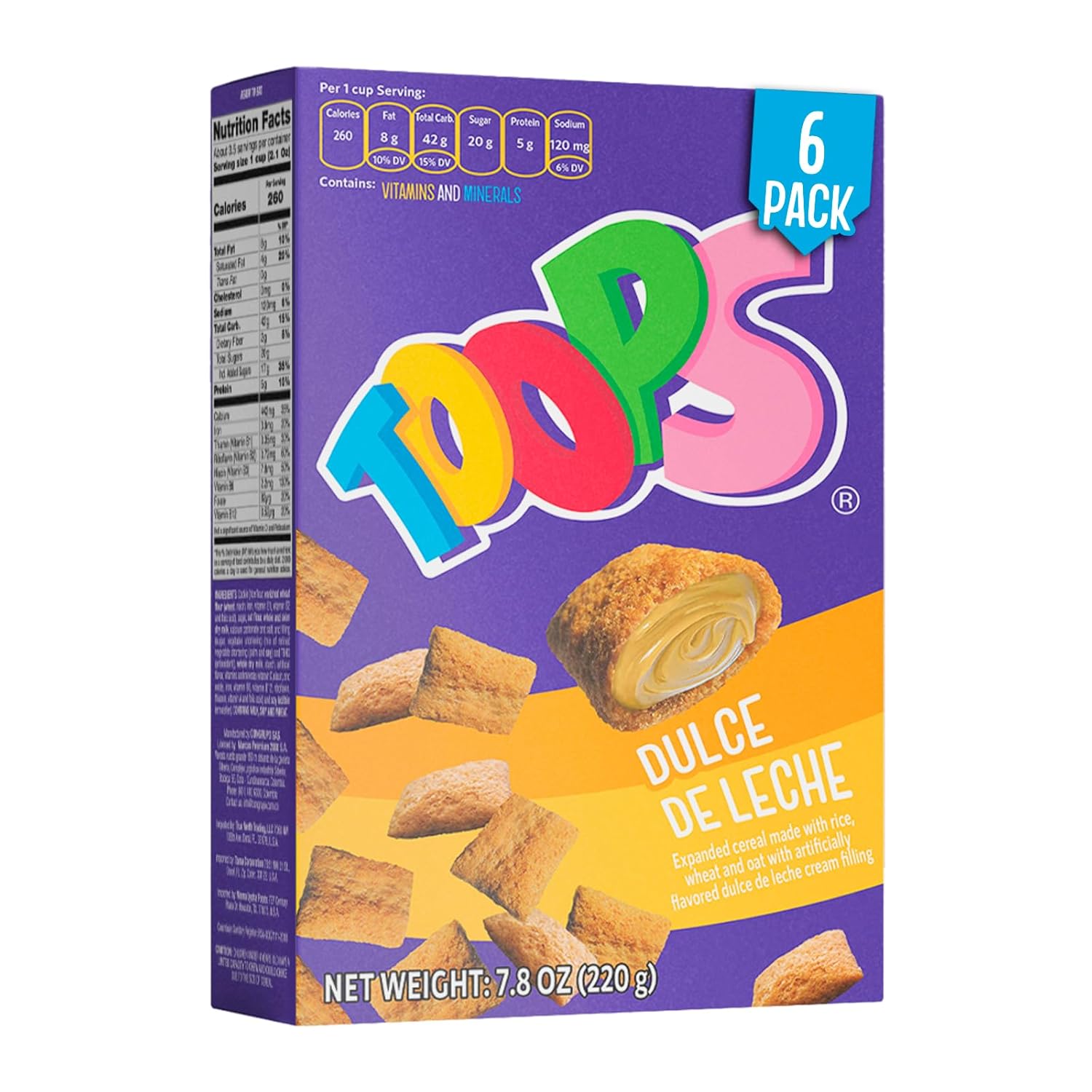 TOOPS Cereal Dulce de Leche Caramel-Filled for Kids – Breakfast Groceries with Vitamins & Minerals, Ideal for Cereal Cup Snacks Family Size. Made with Rice, Wheat and Oat. 7.8 oz Box Presentation - 6 Pack