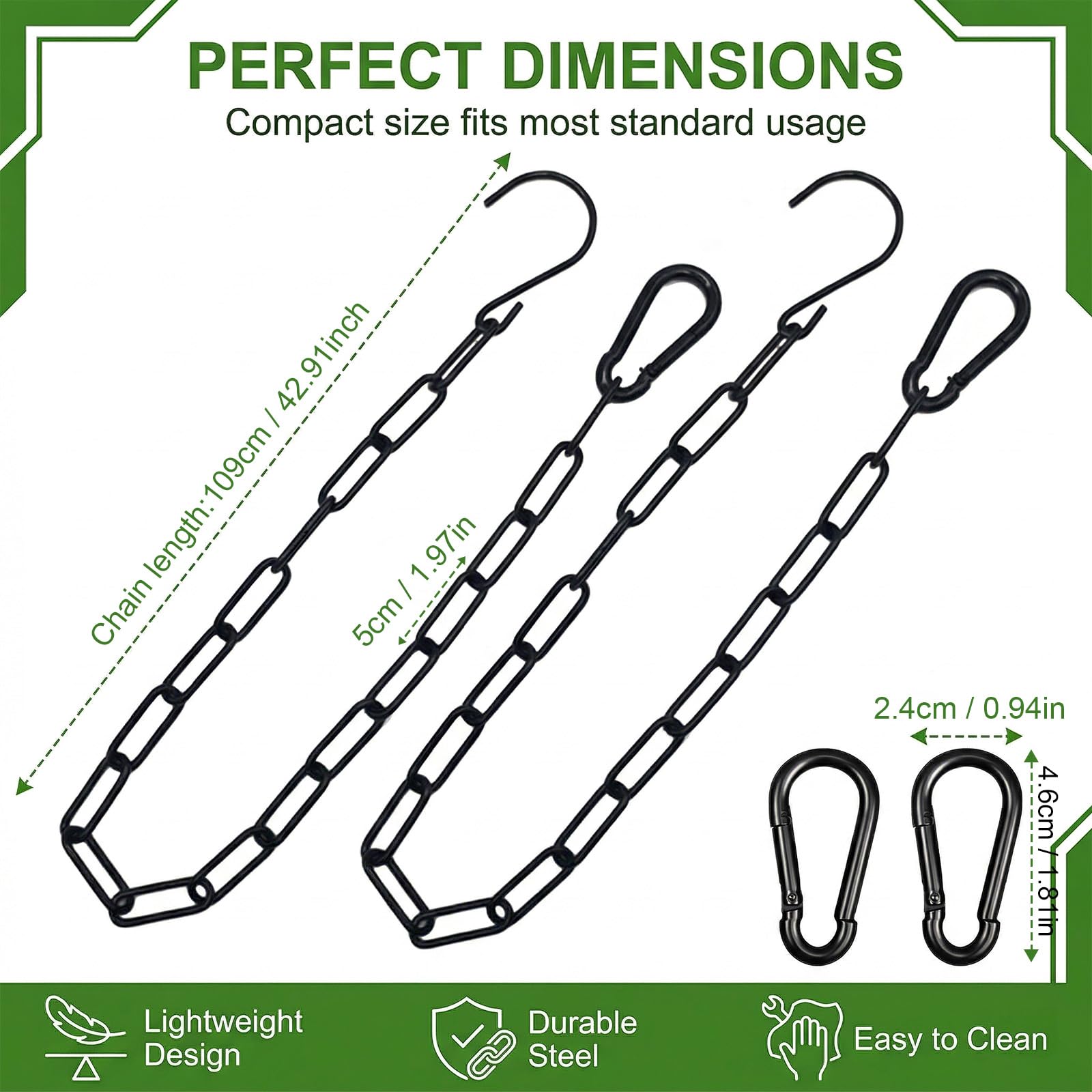2 Pezzi Nero Catena a in Acciaio Inox,Catena con Moschettone Catenas in Metallo per Appendere per Cancelli di Recinzioni,Giardini,Gabbie per Animali Domestici(109 cm per catena)