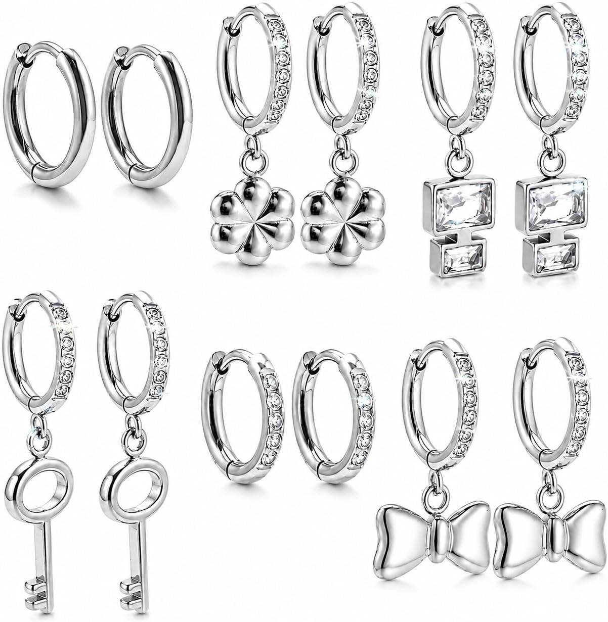 6 Pairs Gold Hoop Earrings Set for Women, Stainless Steel Huggie Hoop Earrings with CZ,Clover, Bow,Key & Geometric Dangle Earrings,Hypoallergenic Waterproof Small Hoop Earrings Multipack Jewelry Gift