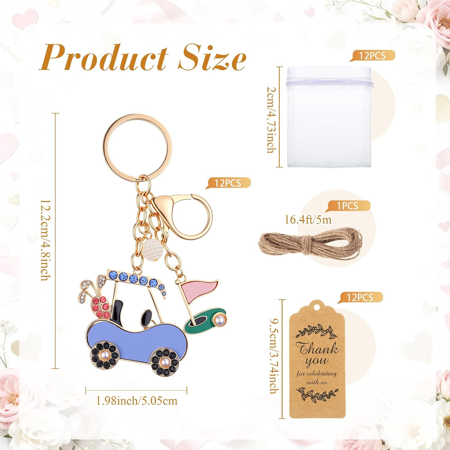 Ecation 12 Set Golf Cart Keychain Party Favors Bulk Zinc Alloy Golf Keyring with Kraft Tags Organza Bag for Guest Baptism Bridal Shower Golfer Wedding Gifts Souvenir for Players and Fans
