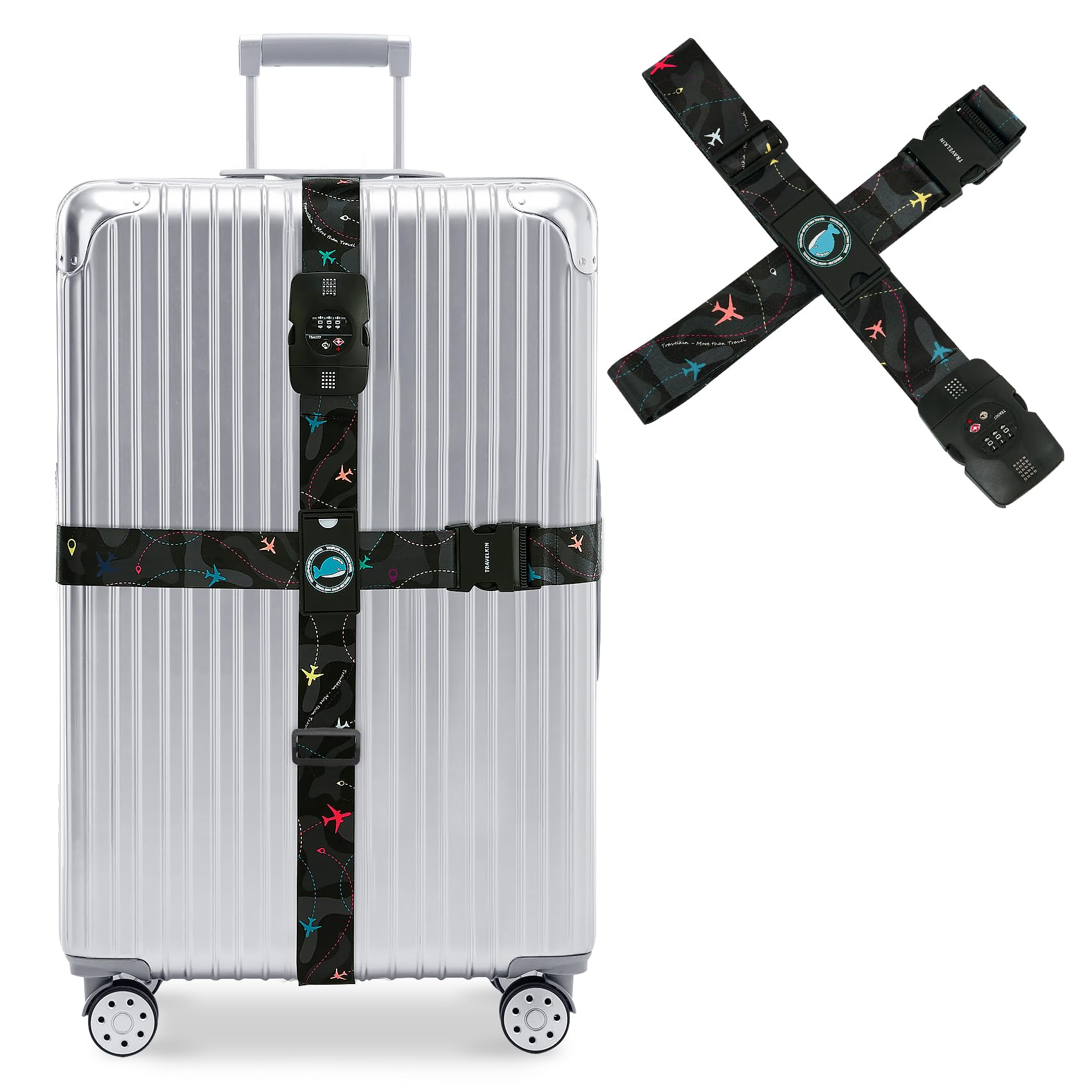 Travelkin - Cinghie per bagagli approvate dalla TSA, regolabili, incrociate, con lucchetto TSA, fibbia rinforzata, motivo unico, resistenti, per viaggi (motivo aereo, nero)
