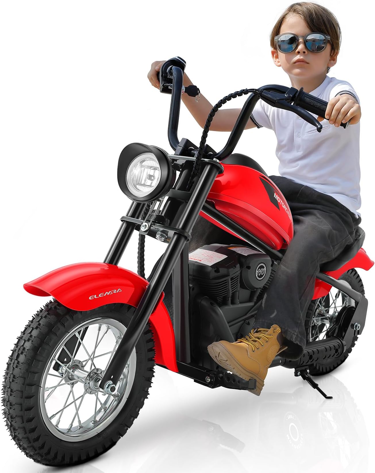 ELEMARA Electric Dirt Bike, 15 mph & 150lb Max, 24V Ride on Toy for Big Kids w/LED Lights & Power Display,Chain-Driven Motor,Twist-Grip Throttle, Shock Springs,Handbrake,12" Air-Filled Tires-Red