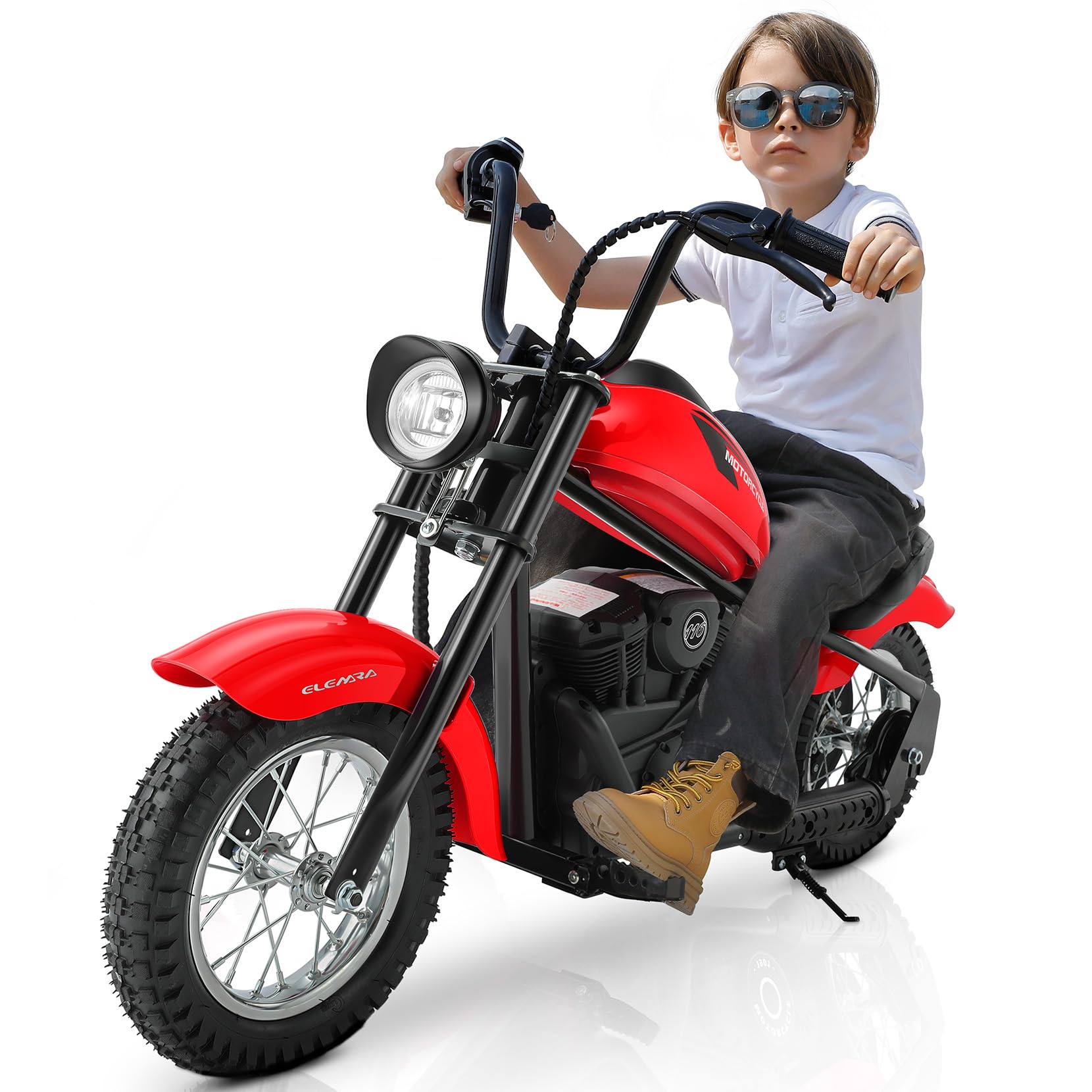 ELEMARA Electric Dirt Bike, 15 mph &amp; 150lb Max, 24V Ride on Toy for Big Kids w/LED Lights &amp; Power Display,Chain-Driven Motor,Twist-Grip Throttle, Shock Springs,Handbrake,12" Air-Filled Tires-Red