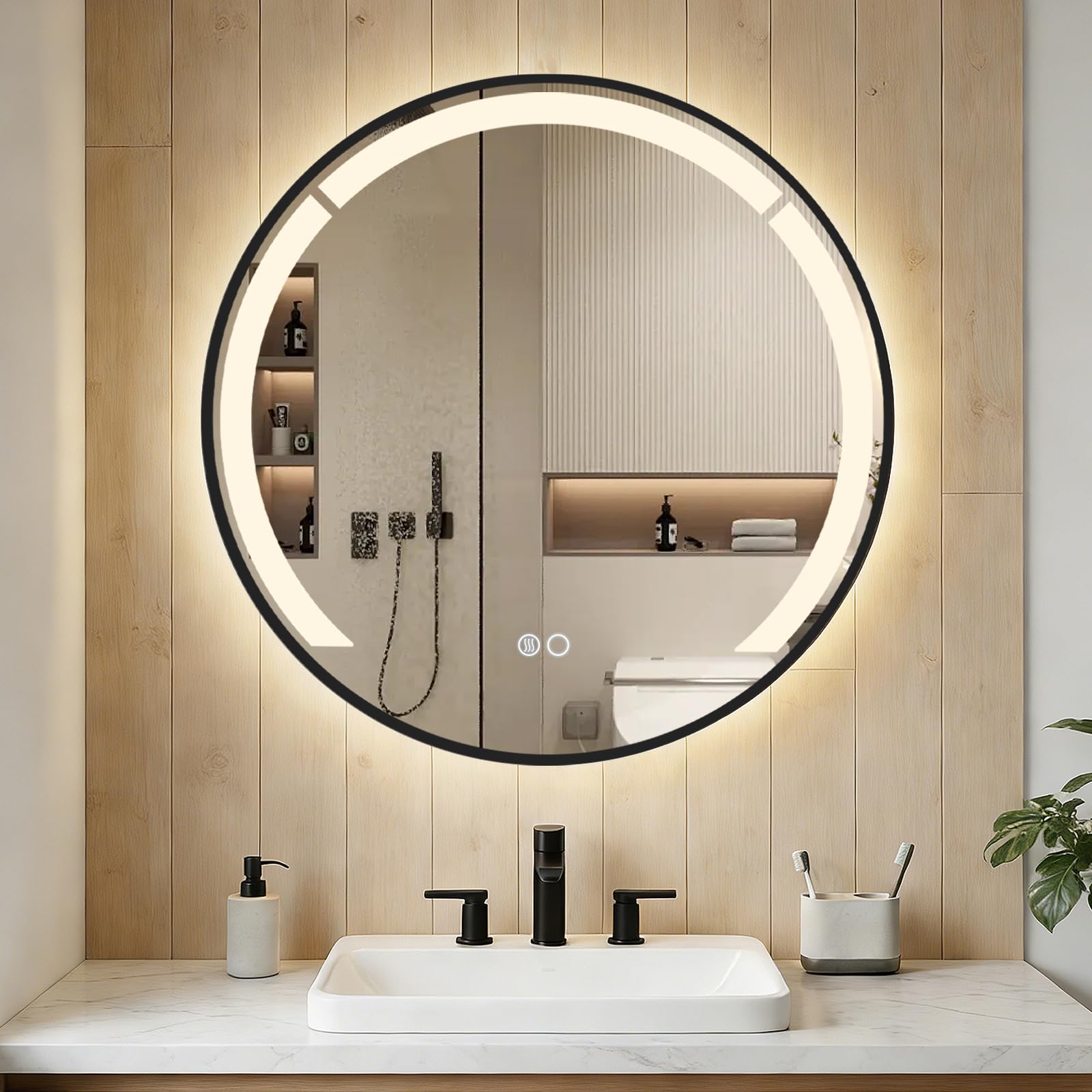 LIFEZEAL Espejo de Pared Redondo con LED, 60 cm, Función Antivaho, 3 Colores de Luz y Brillo Ajustable, Marco de Aluminio Resistente para Cuarto de Baño
