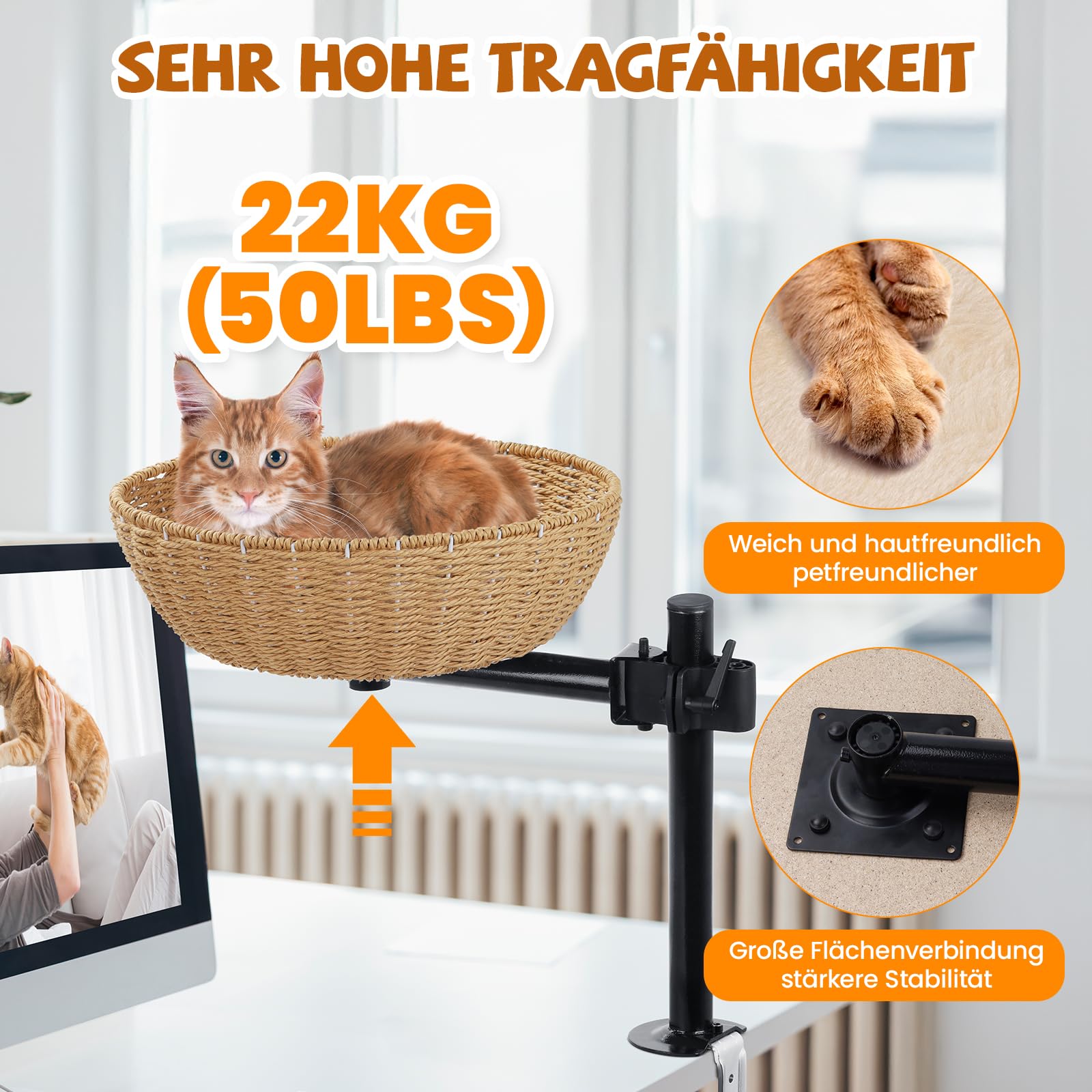 Łóżko dla kota obracane o 360°, z regulacją wysokości, bez wiercenia, bardzo stabilne legowisko stołowe, maksymalne wykorzystanie miejsca i przejrzysta powierzchnia robocza, łatwy montaż bez wiercenia