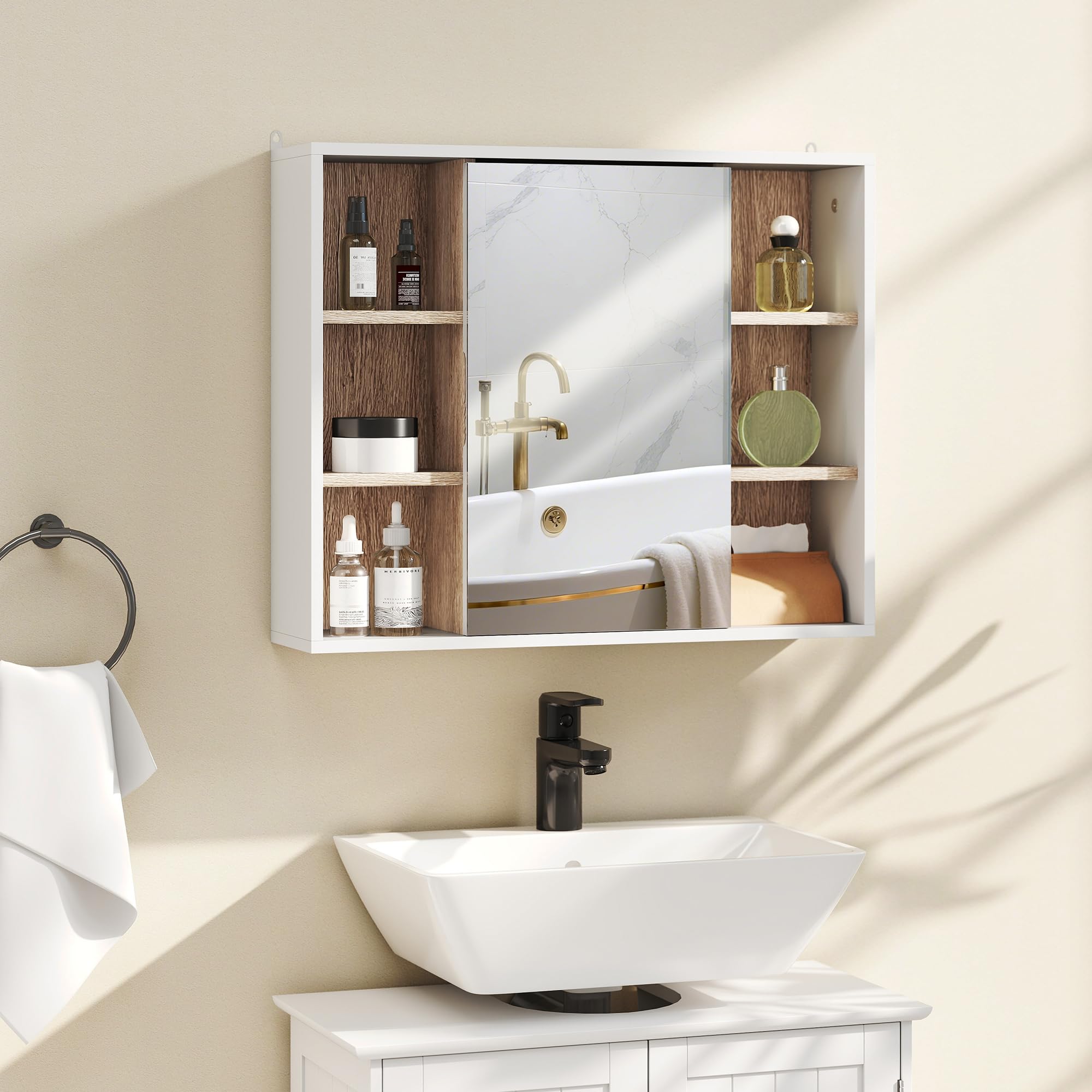 HOMCOM Armario Espejo con Espacio Interno con Estantes Ajustables Armario de Baño Montado en la Pared con Estantes Abiertos 60x14,​5x49,​4 cm Blanco y Roble
