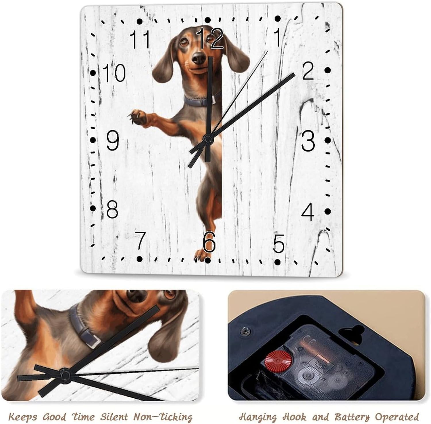 Dachshund Dog Peeking ASquare Corner Clocks Dachshund Wooden Wall Clocks Battery Operated Square Wall Clock Gift for Dog Mom Art Clock for Living Room Bedroom 15x15in