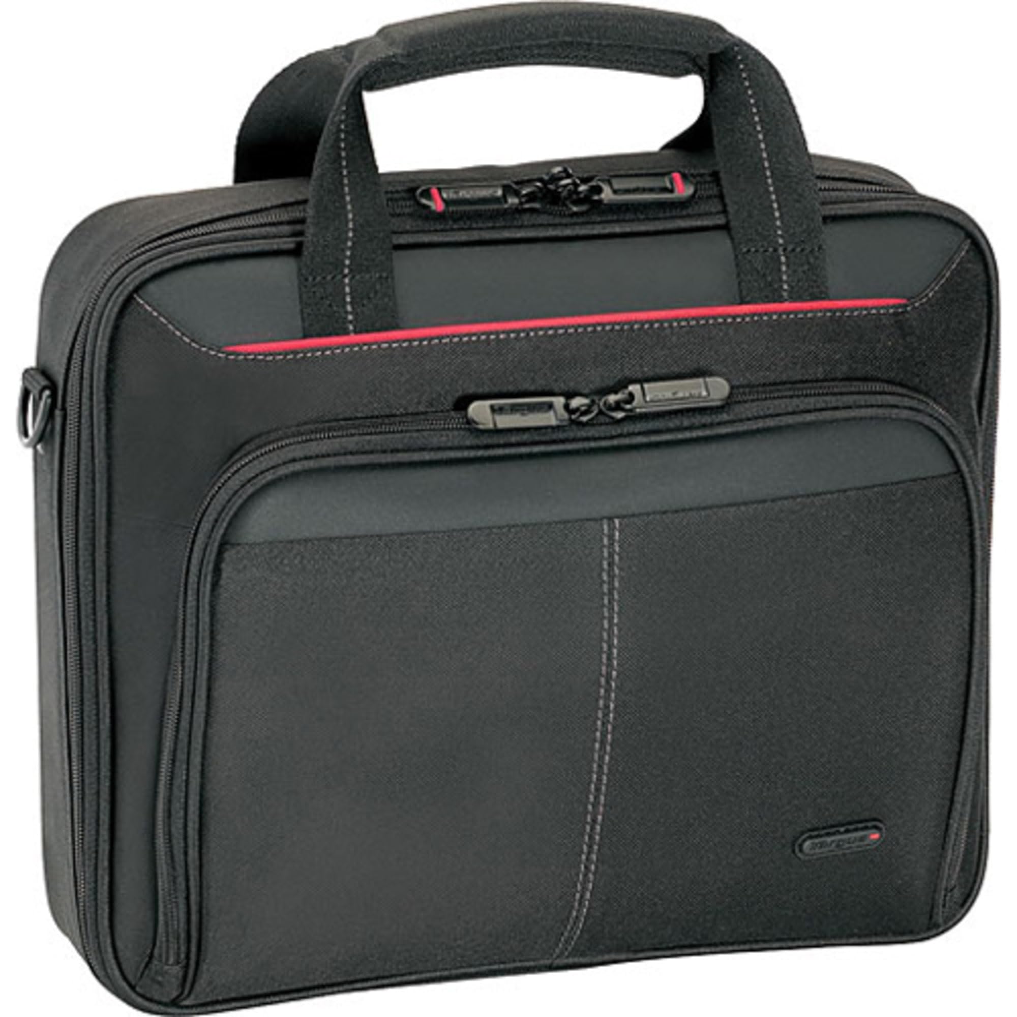 Targus Classic Clamshell Laptop Business Case Bag with Slim Briefcase Design, Zipper Pocket, Removable Shoulder Strap and Protective Sleeve fits up to 16-Inch Laptop, Black/Red Accents (CN31US)