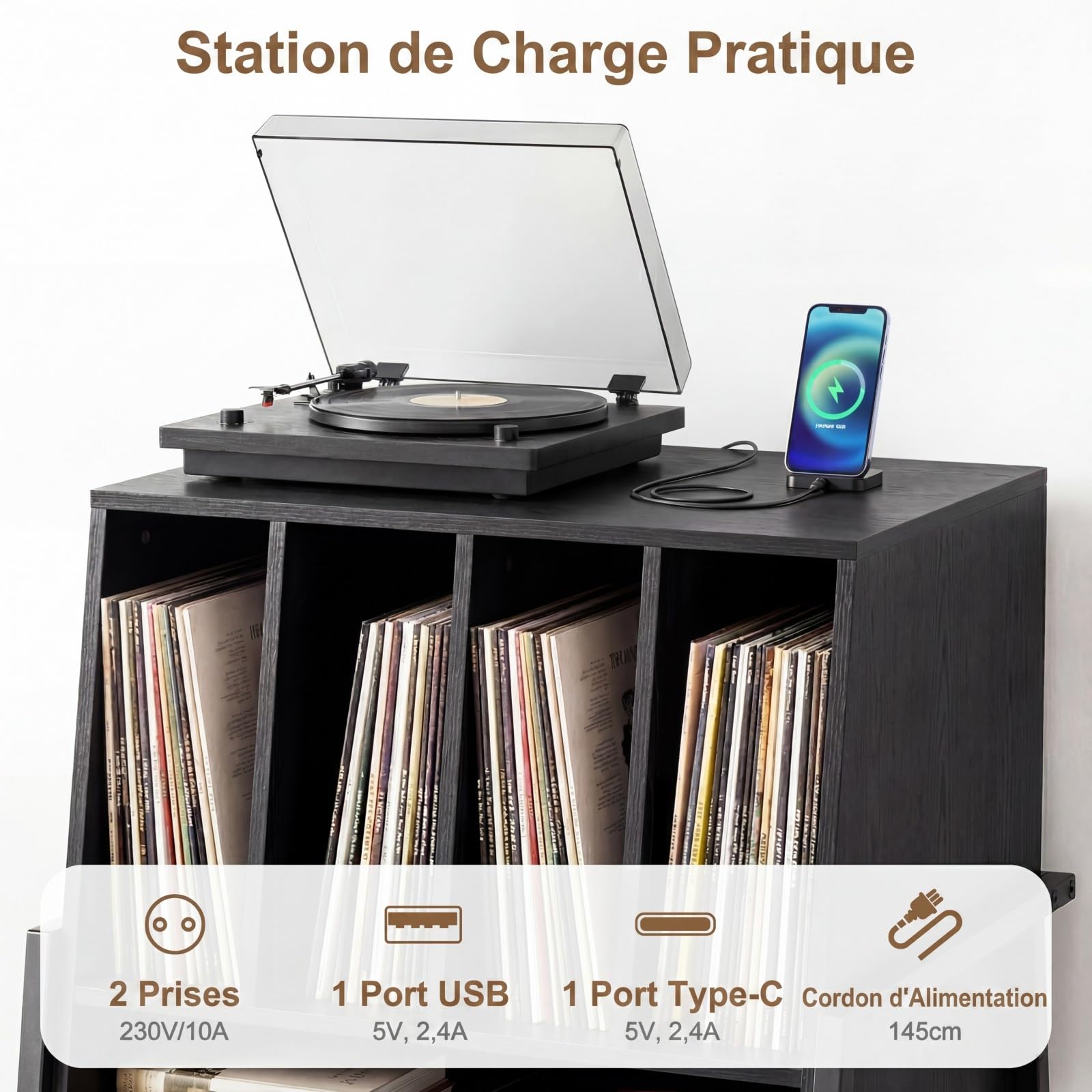 COSTWAY Meuble Platine Vinyle avec Prise, Meuble Rangement jusqu'à 180 Vinyle, 4 roulettes Inclus, Étagères, 5 Compartiments, Support Tourne Disque pour CD, DVD, Manga, Livres(avec Prise,Noir)