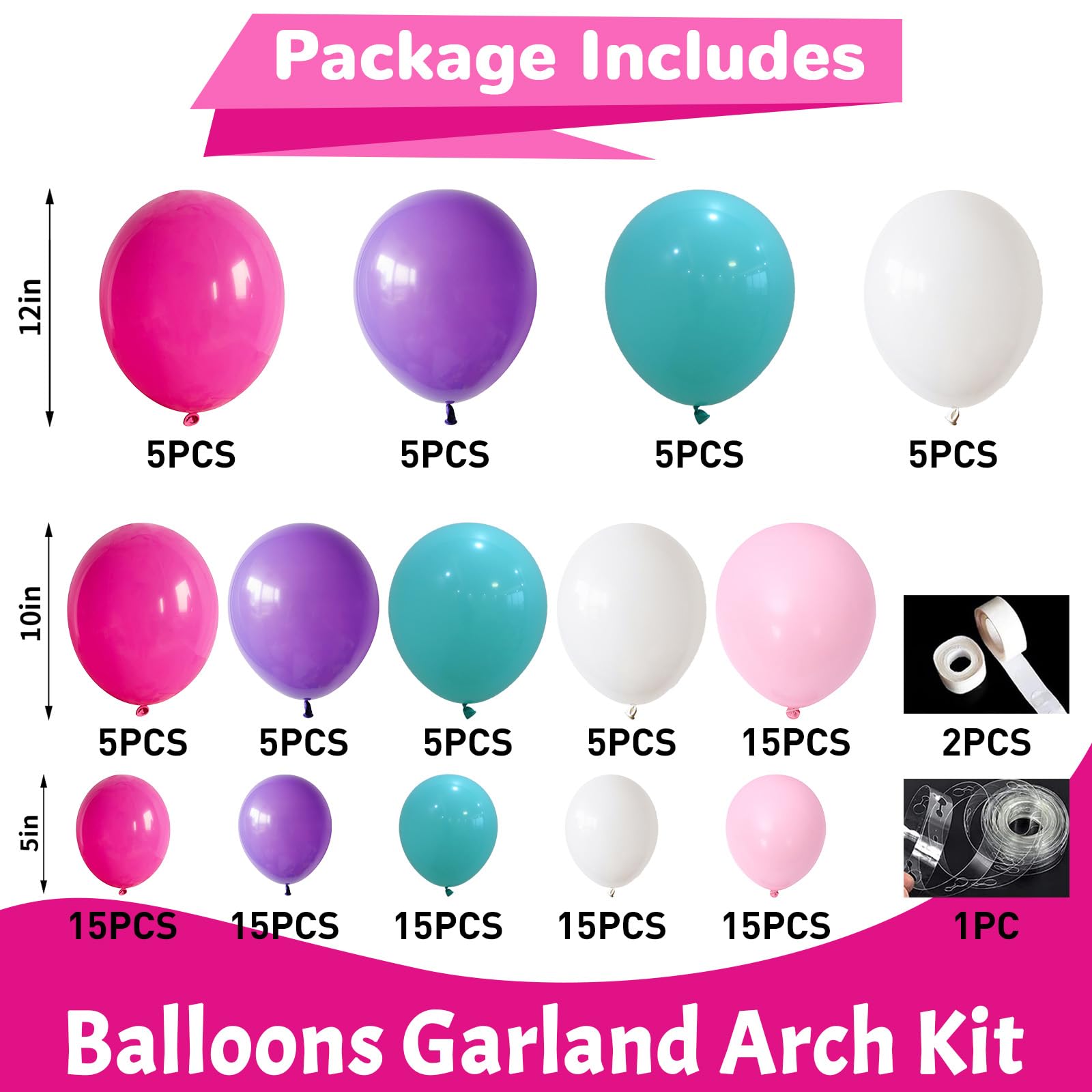 HILAVO Rosa Lila Türkis Weiß Luftballon Girlande 130 Stück Pastell Pink Lila Türkis Party Latex Ballons Girlande für Mädchen Meerjungfrau Geburtstag Hochzeit Anime Babyparty Geburtstag Party Deko