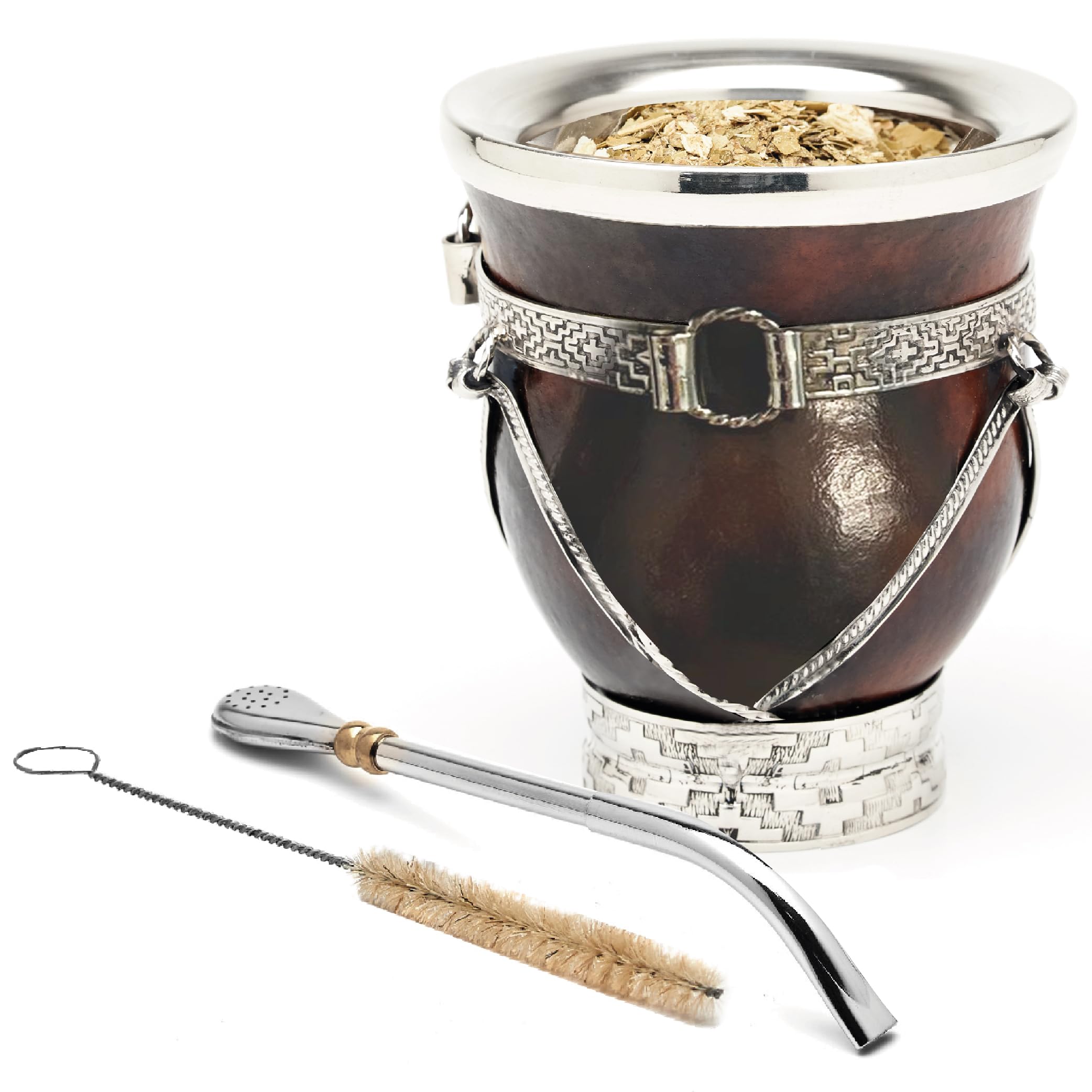 balibetov Ausgewählte Kollektion - Yerba Mate Kürbis (Mate Cup) - Premium Mate Gourd mit Details aus Neusilber - Inklusive Edelstahl Bombilla und Reinigungsbürste. (Iguazú)
