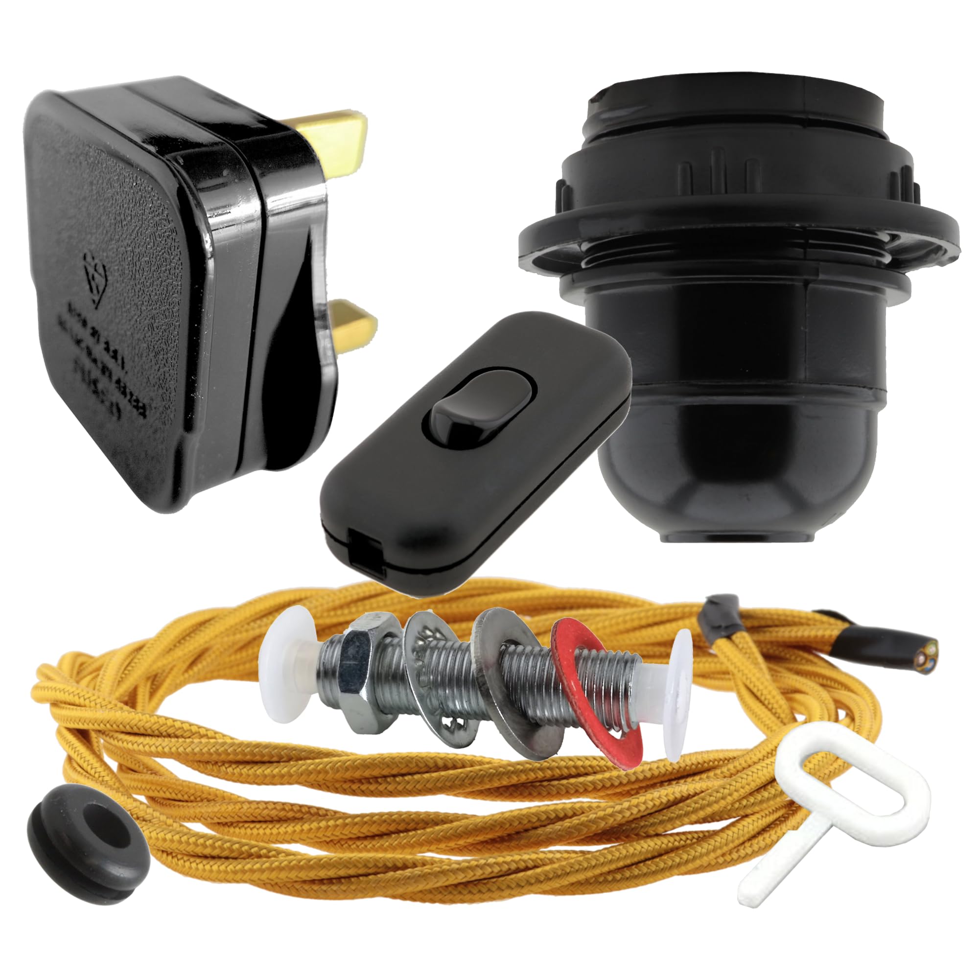 Art Deco Emporium Lamp Repair Kit|Black Plug|Gold Flex|Black Switch and E27 Bakelite Lamp Holder