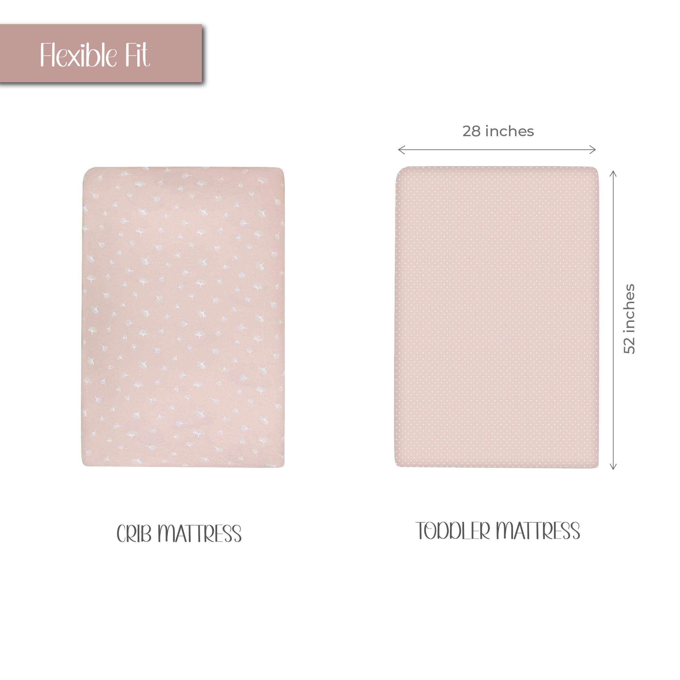 Ely's & Co. Juego de 2 sábanas para cuna, peinadas, 100% algodón jersey para niña, rosa agua de rosas, lunares y hojas de gingko, 52 x 28 pulgadas