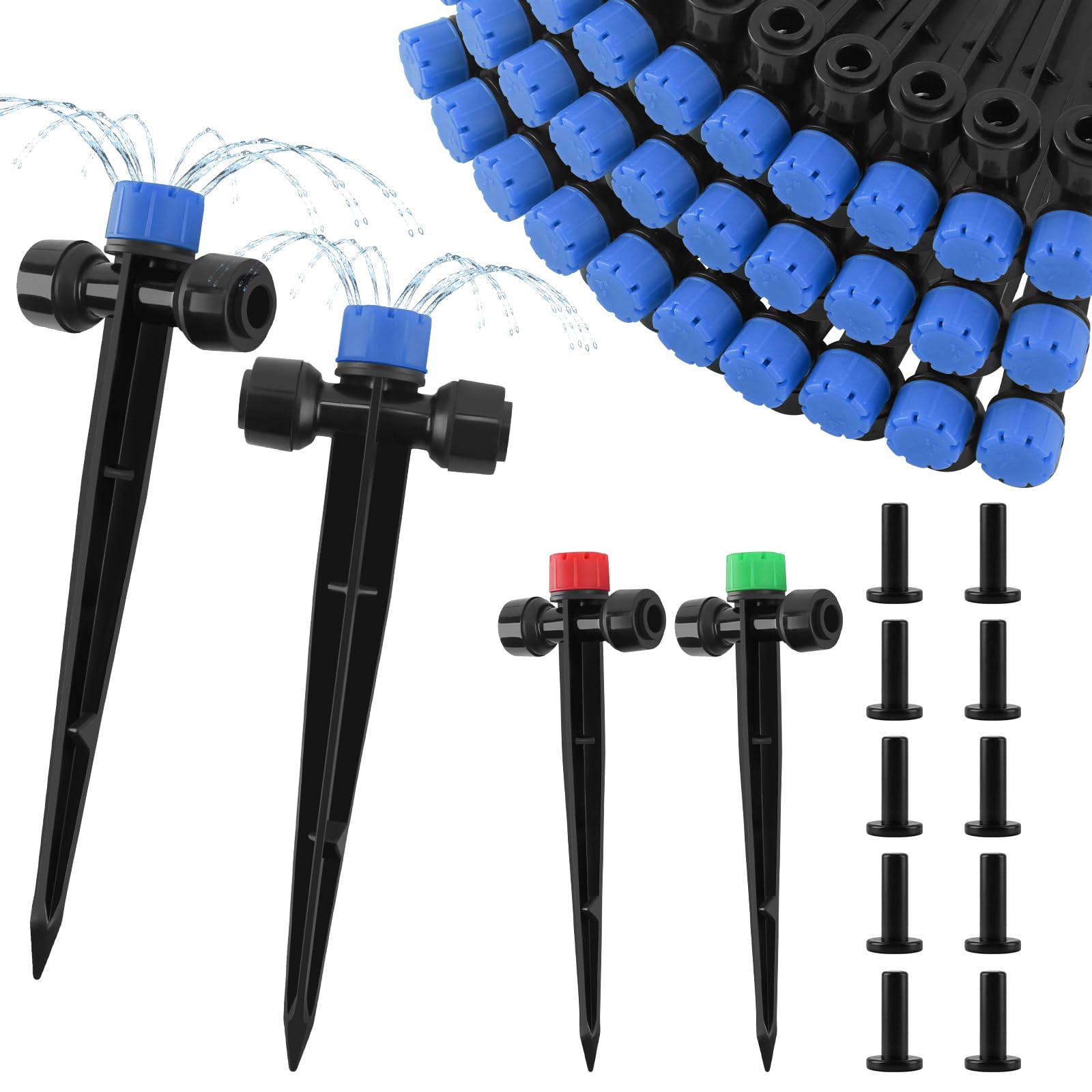 Kalolary 30 Pcs Drip Irrigation Emitters with 10 End Plugs, Push-to-Fit Quick Connect Drippers for 1/4 Inch Irrigation Tubing, 360° Adjustable Flow Garden Watering System (8 Holes Blue)