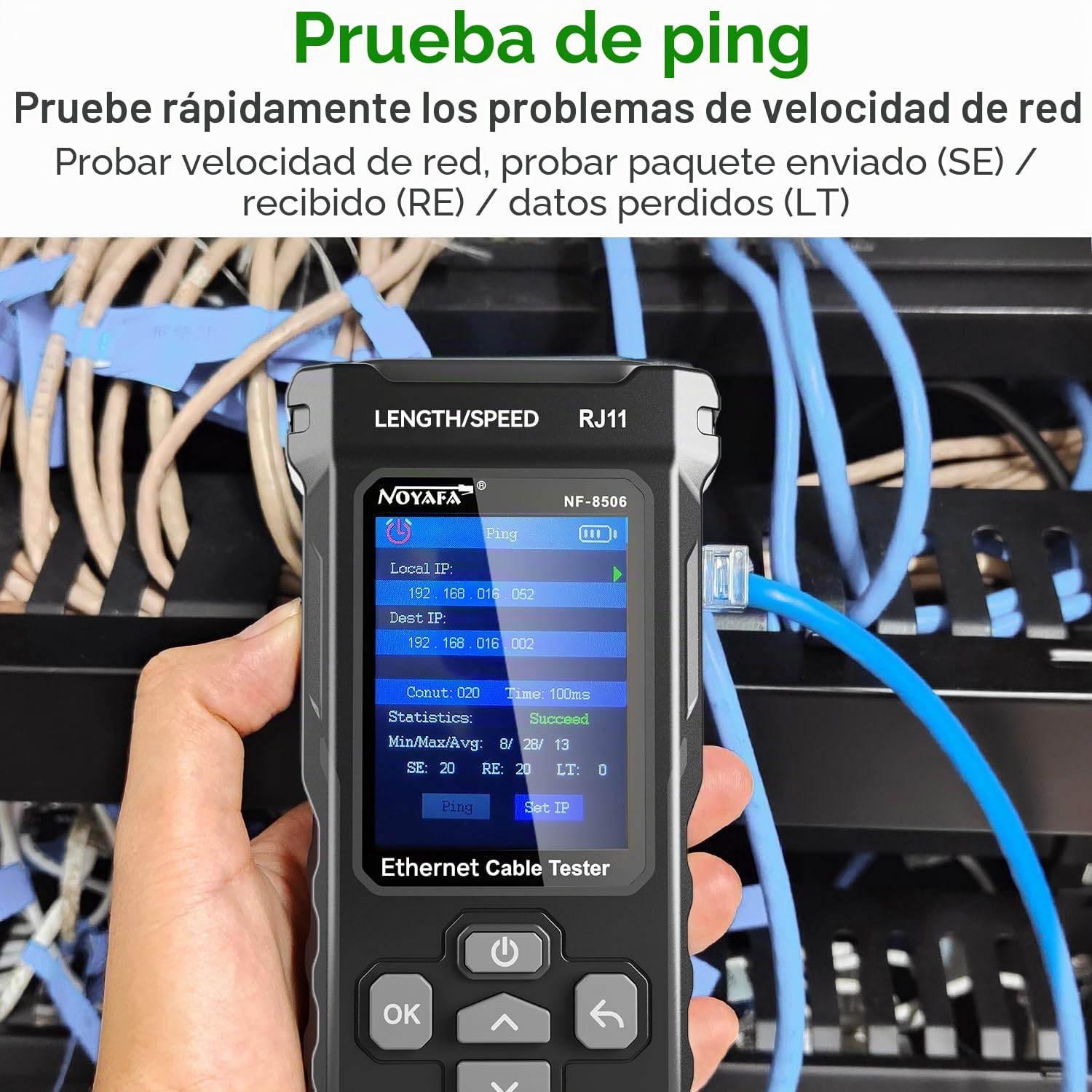 NOYAFA NF-8506 Probador de Cables de Red – Tester Ethernet con Prueba Ping, Escaneo IP y TDR, Test de Velocidad de Red, Parpadeo de Puertos, Localizador de Cables RJ45 RJ11, CAT5 CAT6