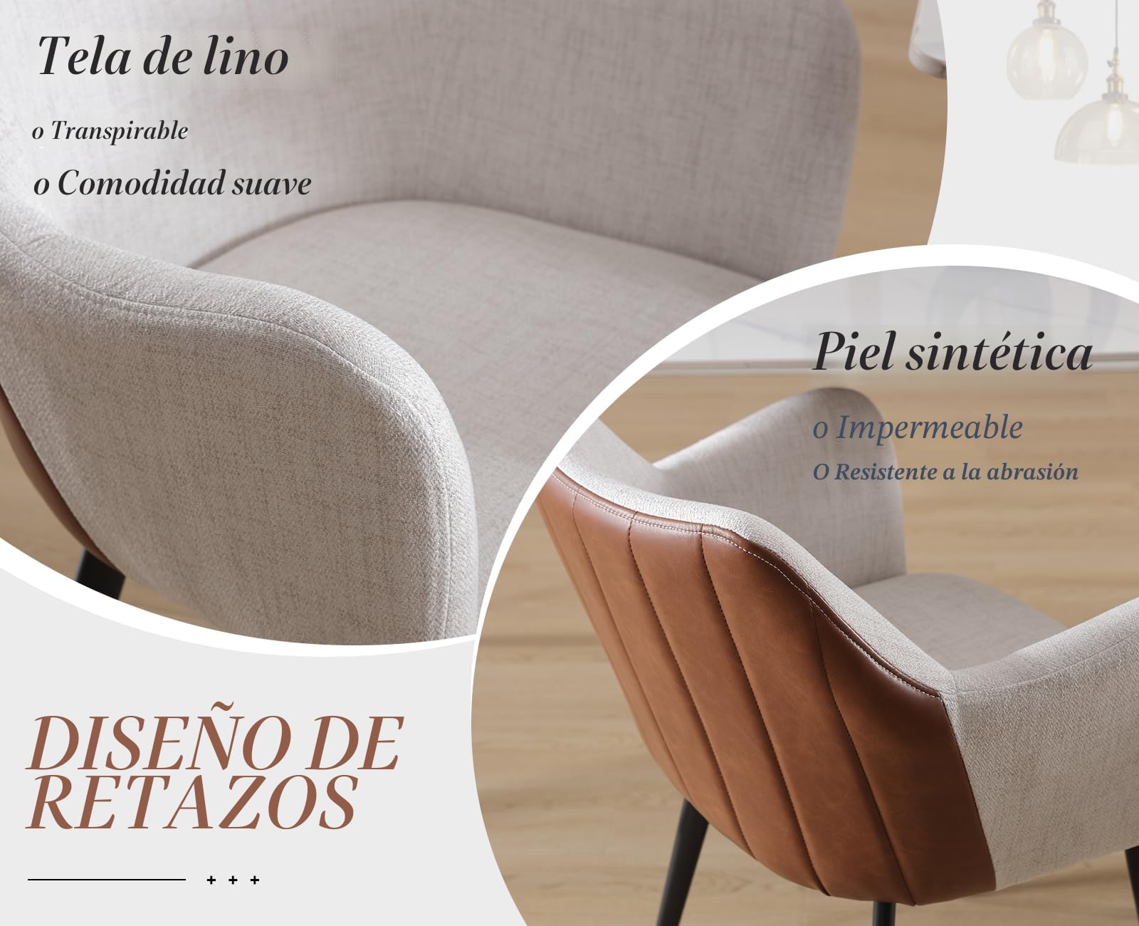chairus Juego de 2 Sillas de Comedor Cuero PU y Lino Silla para Cocina con Brazos, Sillas Modernas con Patas de Metal para Salón/Restaurante, Beige