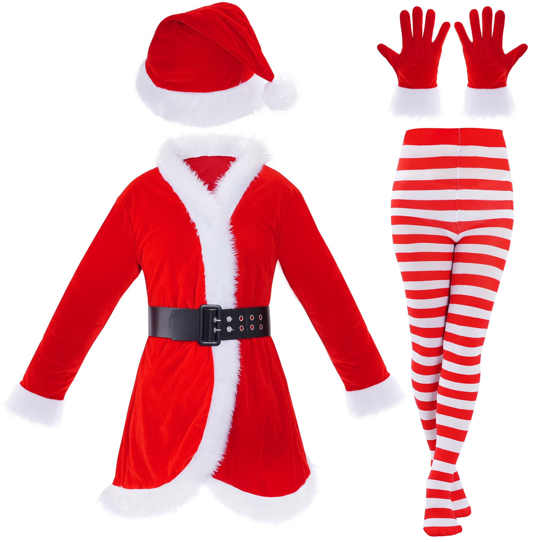 Fengek 5 Pcs Santa Claus Costume for Women Mrs Claus Dress With Belt Gloves Hat Pantyhose Accessory for Christmas Party