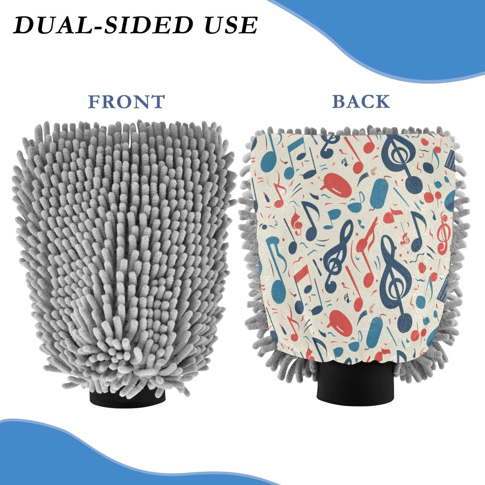 ALAZA Music Notes Car Wash Mitt Scratch Free, 2 Pack Absorbent Microfiber/Chenille Washing & Drying Mitts, M