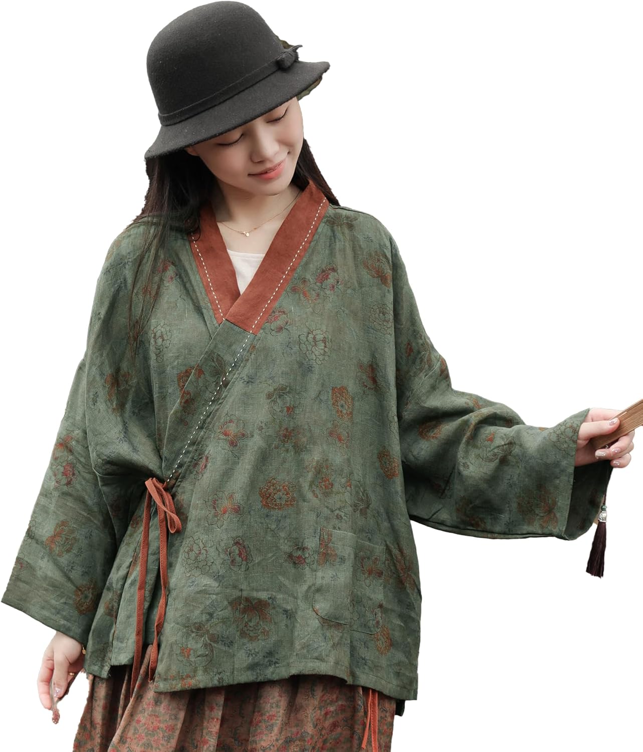 Women's Printed 100% linen Kimono Style Long Sleeve Loose Fit Jacket Cardigan with Tie Belt and Wrap Front Design