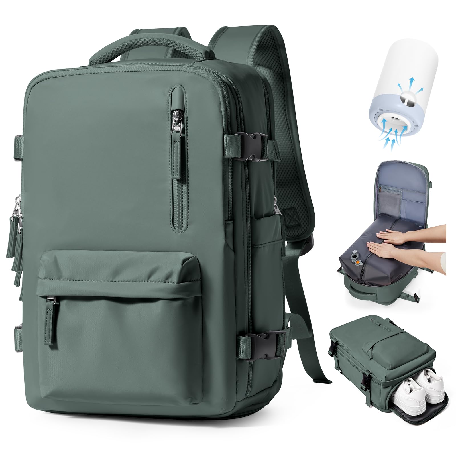 Zaino Sottovuoto da Viaggio con Pompa, Borsa da Cabina per Easyjet Bagaglio a Mano Impermeabile Lavoro e Scuola Trekking Casual Daypack per 15.6" laptop,S4-verde