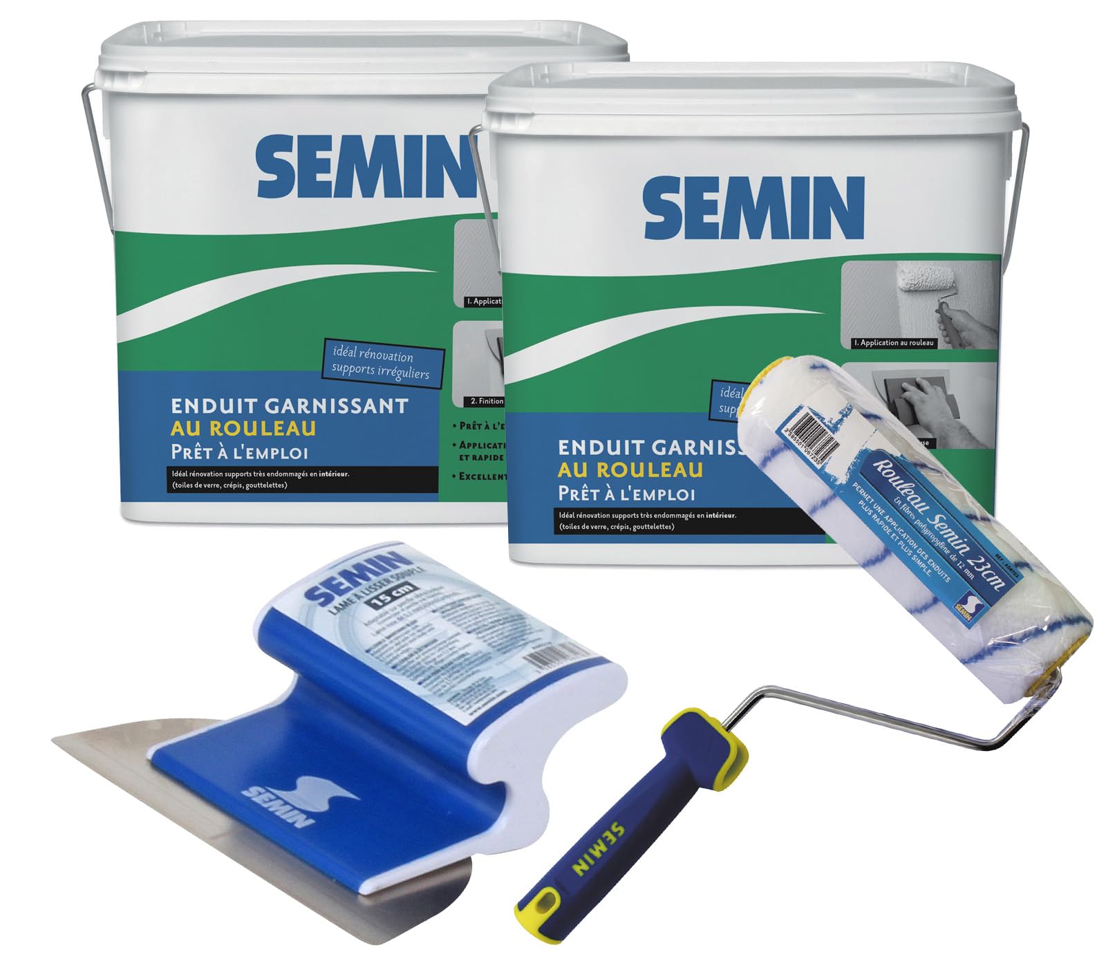 Semin A06288 Enduit Garnissant pour la Rénovation des Supports très Endommagés, Intérieur, Seau de 10 kg (Lot 2), A06723 Rouleau pour Enduire, 23 cm, A06318 Lame pour Lisser, 15 cm