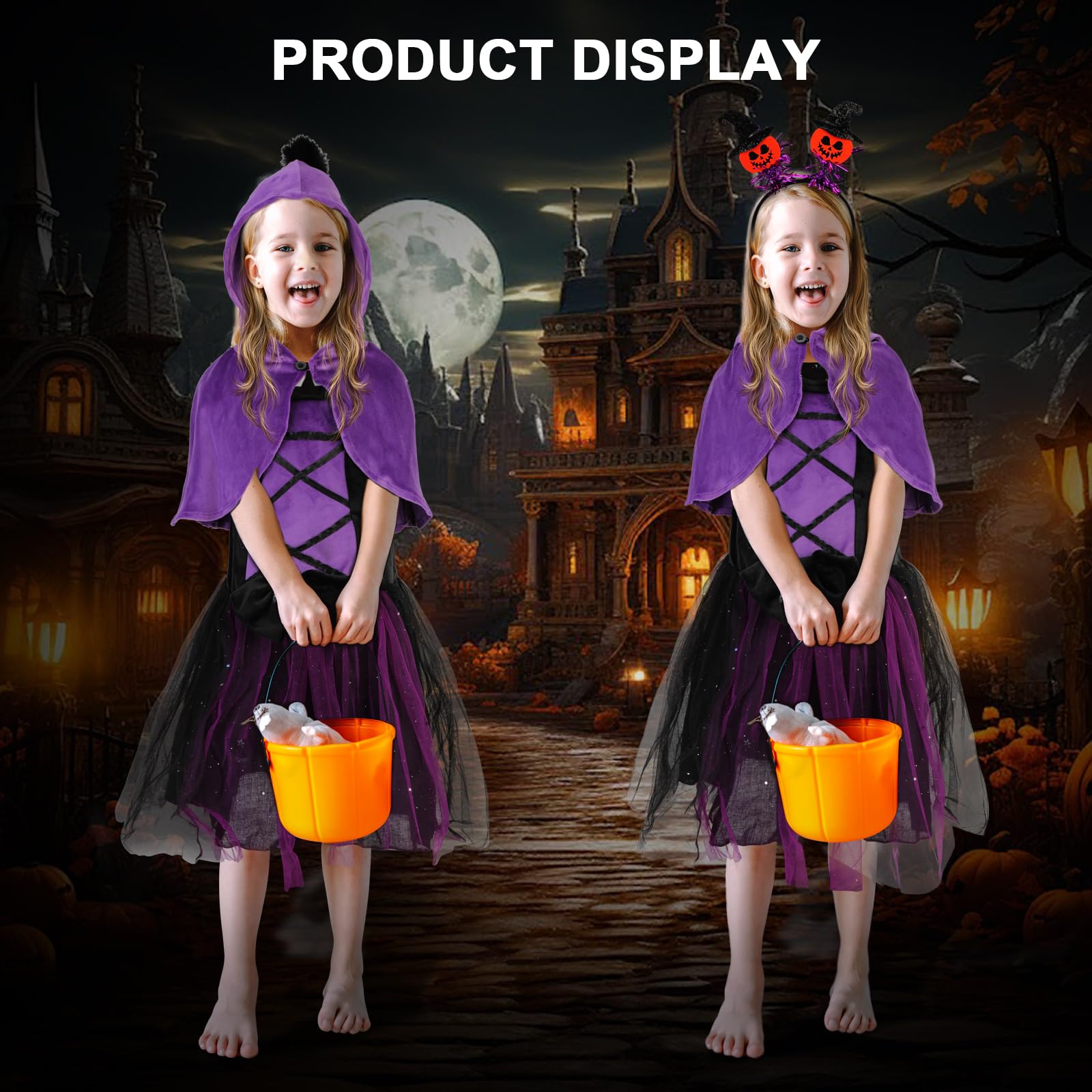 TAGVO Costume da Strega Halloween per Bambina, Ragazze Principessa Vestito Strega Viola Poncho Cappuccio Capo Paillettes Tulle Abiti serbatoio per bambini Halloween fantasia vestire per 1-6 anni