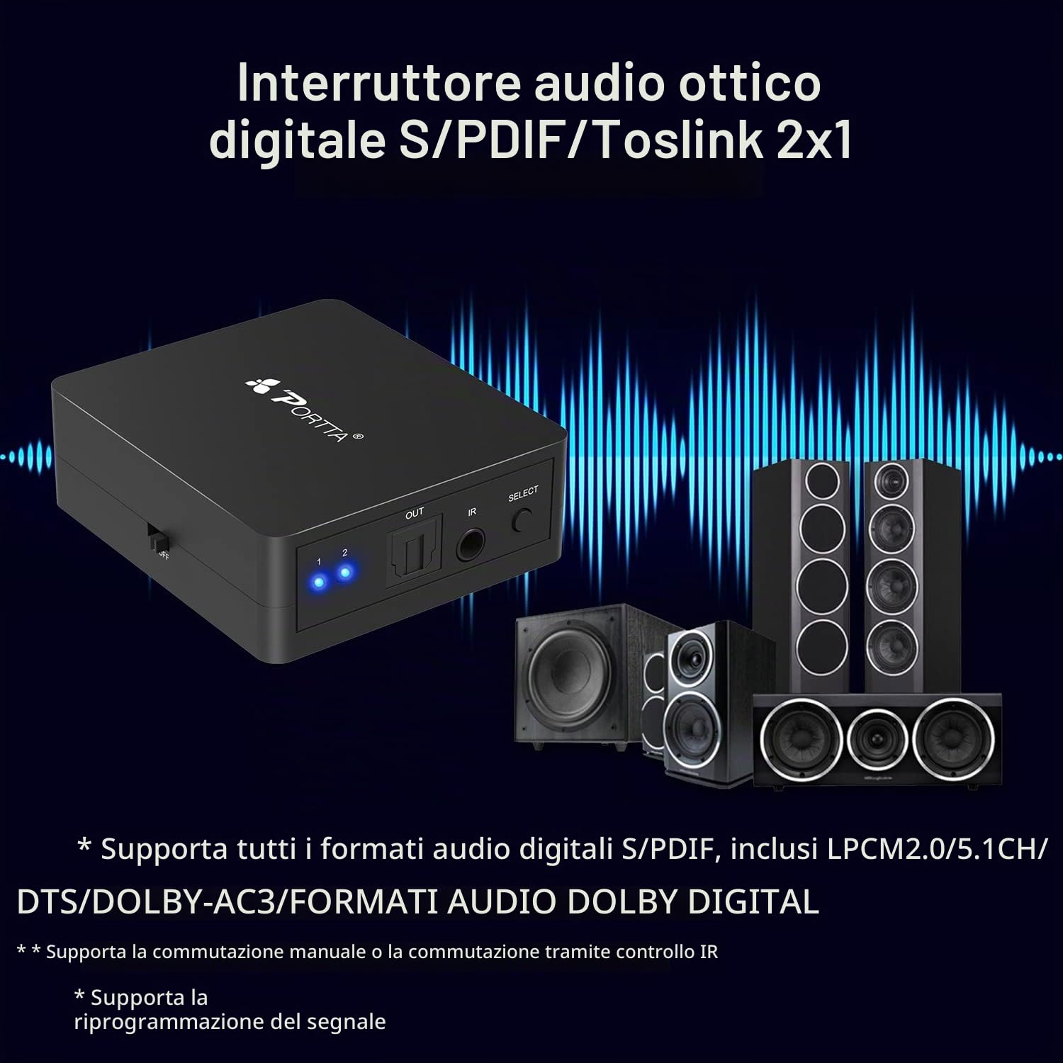 Portta Audio Switch SPDIF Toslink 2 Port 2 Ingressi 1 uscita Digital Optical Commutatore switcher con telecomando IR per PS3 DVD Player Amplificatore