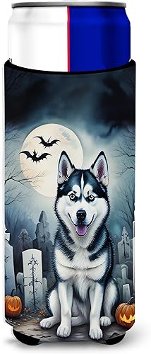 Caroline's Treasures DAC2055MUK Siberian Husky Spooky Halloween Hugger for Ultra Slim Cans Can Cooler Sleeve Hugger Machine Washable Drink Sleeve