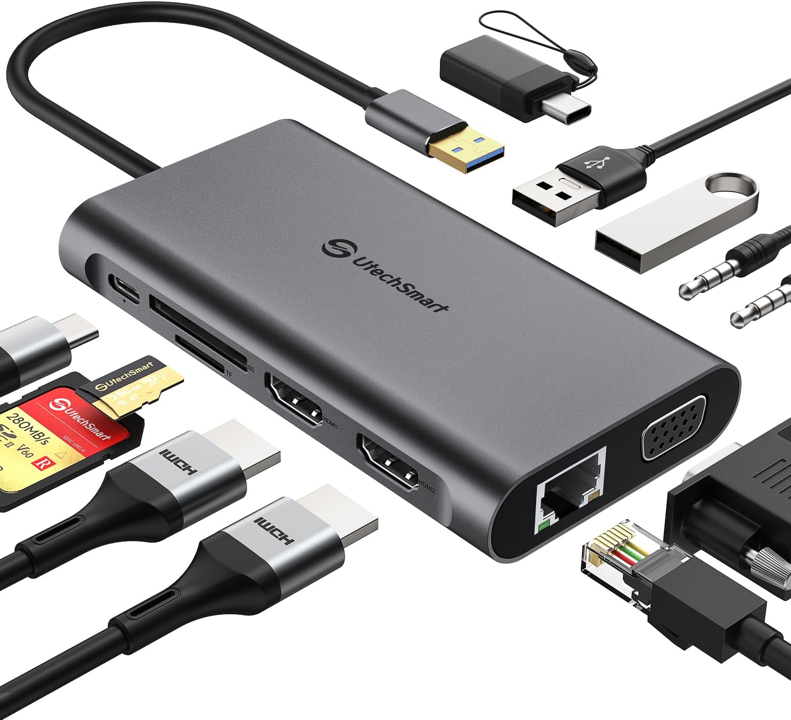 UtechSmart USB C Hub, 10 in 1 USB C Dock, Single Monitor Dock with 1000M Ethernet Port, 4K HDMI, VGA, USB C PD Charging Port, SD/TF Card Slot, 4*USB Ports, Dock with VGA Compatible for MacBook&Windows