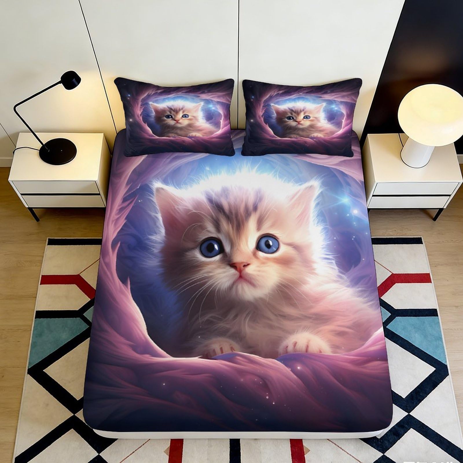 Pnayamiorkfel Style-5 3D Printed Cute Kitten Fitted Sheet Microfiber Purple Cosmic Space Bed Cover For Bedroom Dorm Room Decor Easy Care 90X200x25cm