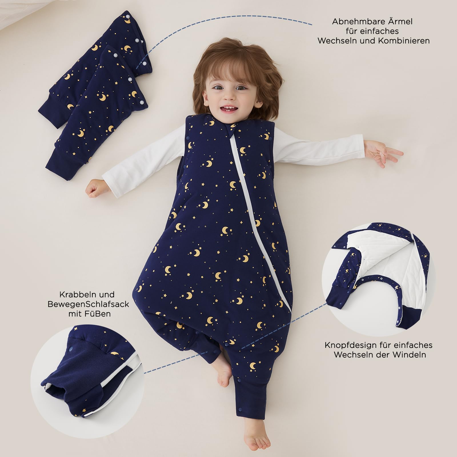 Duomiaomiao Saco de dormir de invierno para bebé con piernas de 3,5 tog, 100 % algodón, saco de dormir cálido con piernas para bebés de 2 a 3 años, luna