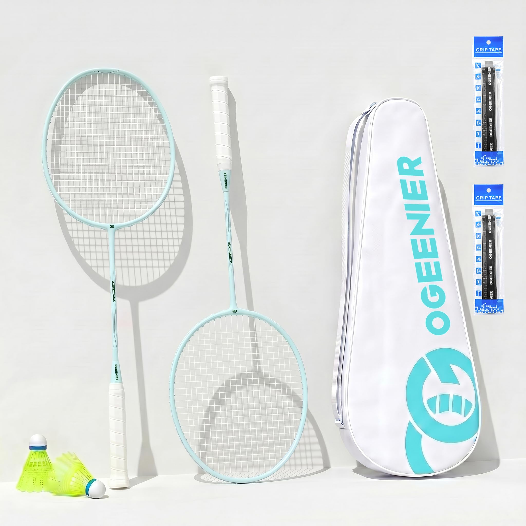 OGEENIER Badminton Rackets Set of 2, Lightweight Badminton Set for Backyards, Family Outdoor Games, Includes 2 Shuttlecocks, 2 Overgrips Replacemnet, 1 Carrying Bag