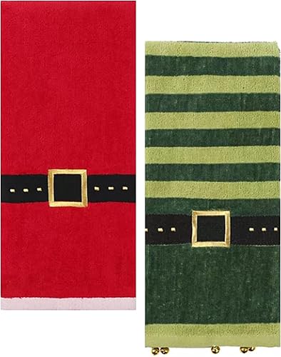 Toallas de mano de baño, juego de 2, con Papá Noel rojo y elfo verde, diseño decorativo, 25 x 16 pulgadas, decoración de baño para las vacaciones