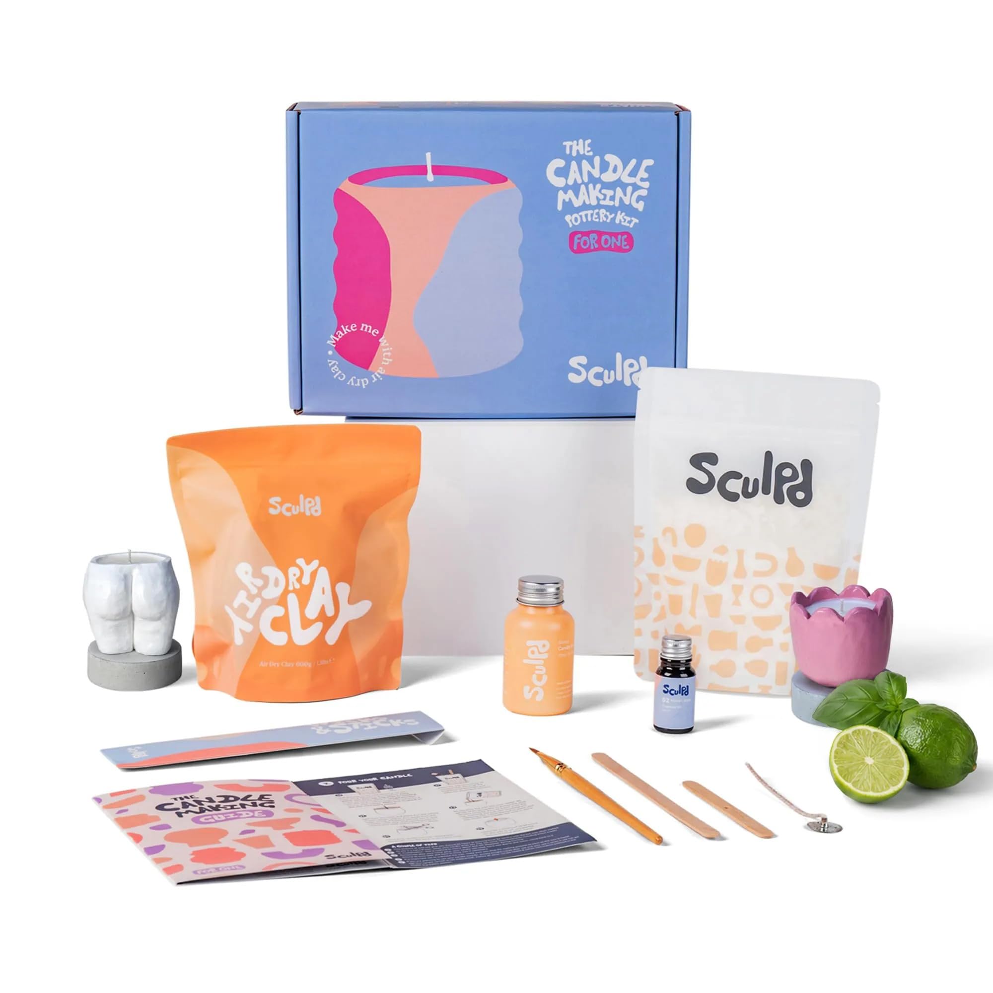 Sculpd Kit de alfarería para principiantes para hacer velas con arcilla secada al aire, para adultos, con cera de soja ecológica, aceite aromático de albahaca y cítricos, barniz, herramientas y guía