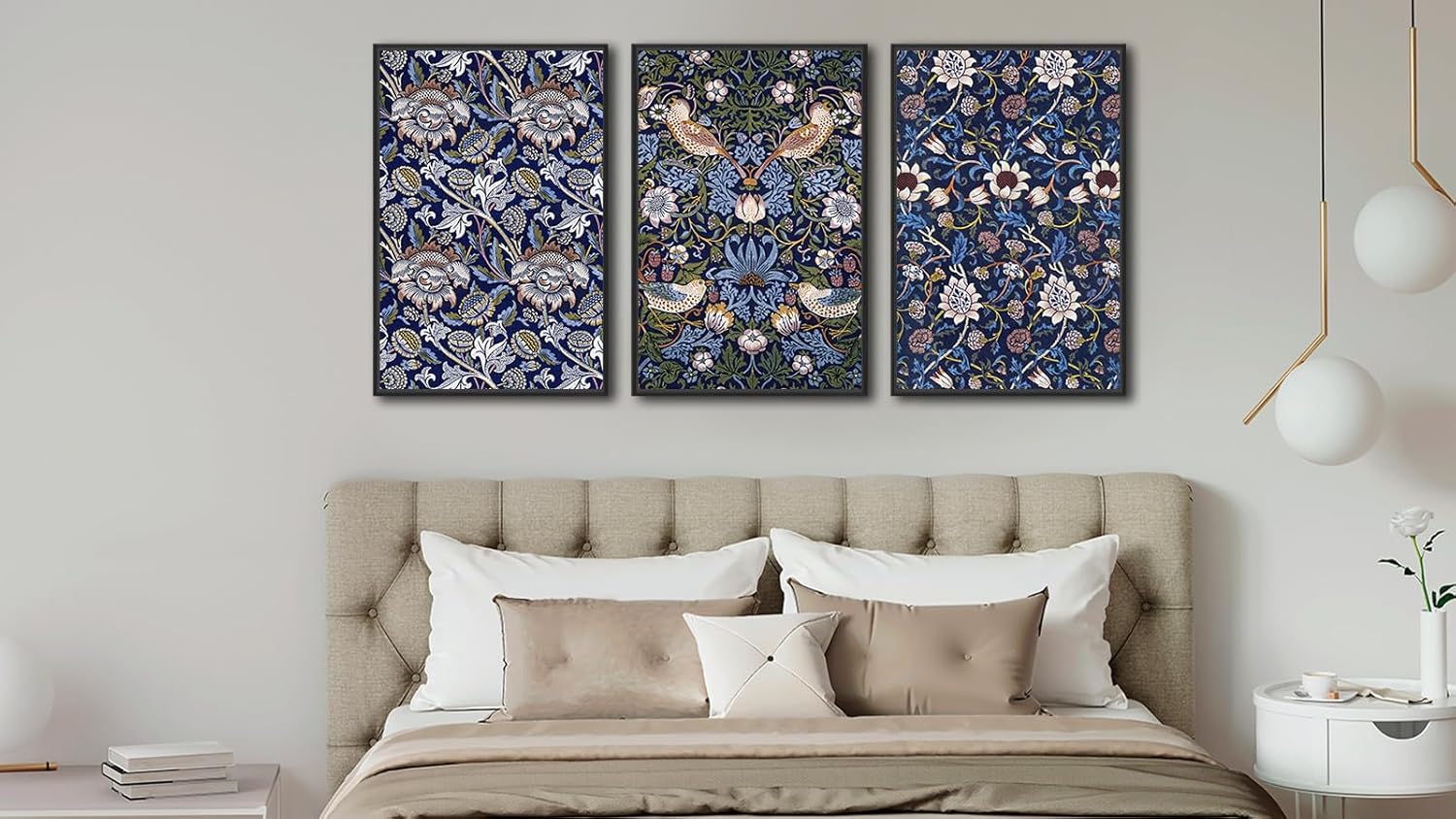 Large Framed Wall Art Flower Pattern by William Morris, Blue Floral Wall Pictures 24"x36"x3 Plants Painting Prints Botanical Canvas Artwork for Living Room Bedroom Home Office Kitchen Decor
