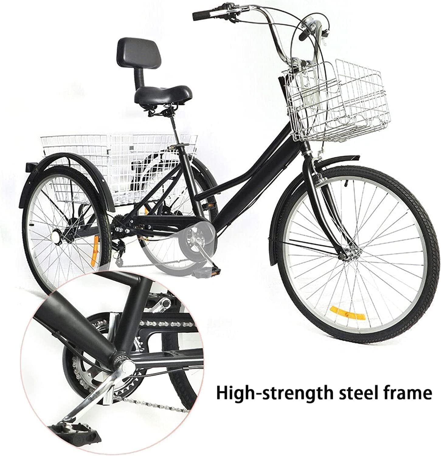 24 Zoll Dreiräder Erwachsene mit 2 Korb - 7 Gang Dreirad für Erwachsene120KG Last Höhenverstellbar 3 Räder Fahrrad Cityräder Cruise Einkaufsrad für Senioren Frauen Ältere(Schwarz)