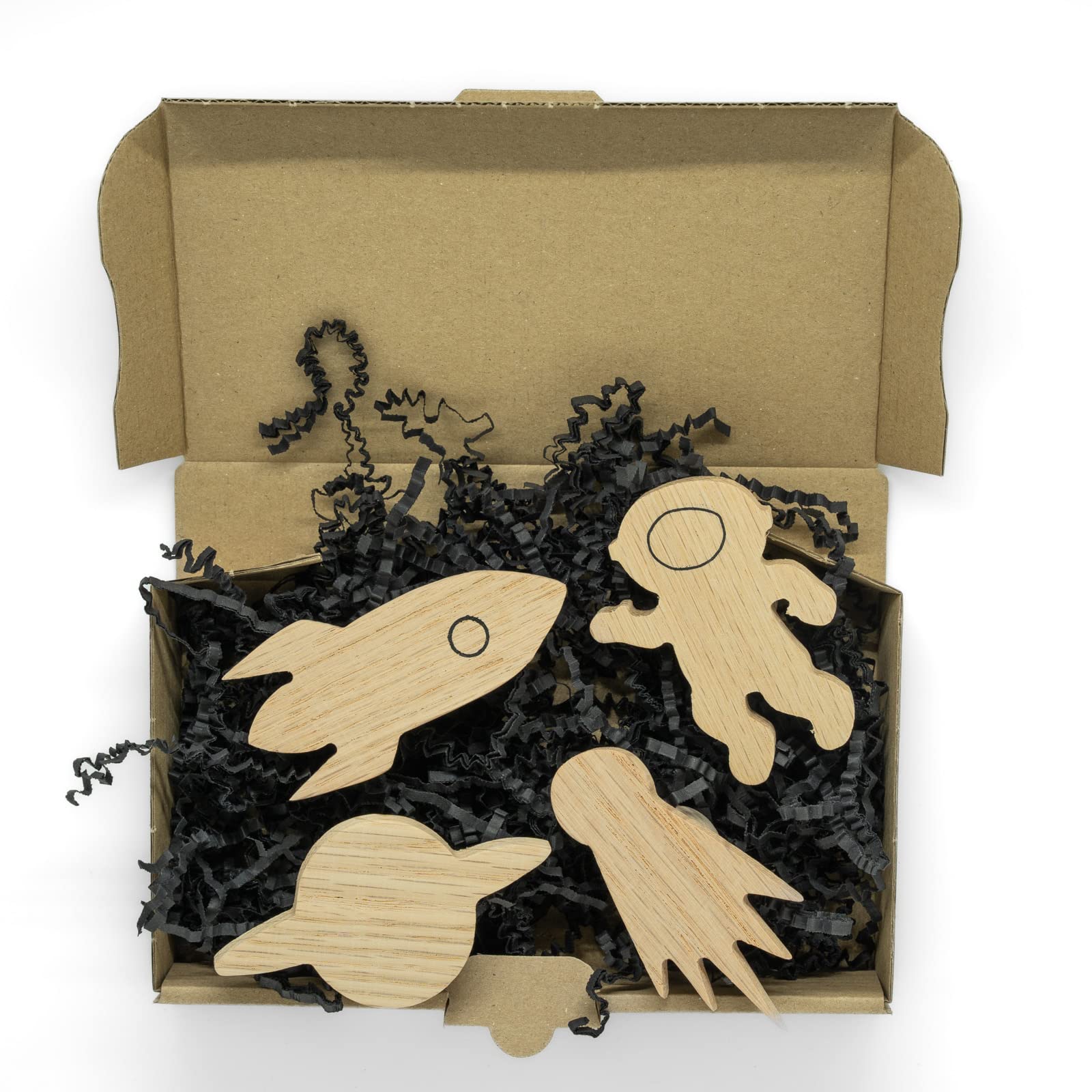 4 Maniglie per mobili per bambini, in legno di quercia non trattato, pomello, bottone, Mondiale, comò, armadio, cassetto, porta, cameretta dei bambini, regalo (4, razzo, pianeta, spaziale, cometa)