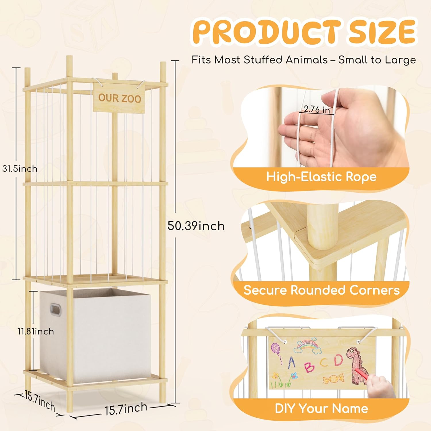 Stuffed Animal Storage with Toys Tray, Wooden Stuffed Animal Organizer with Elastic Cords, Space Save Large Capacity Stuffed Animal Holder for Nursery, Living Room, Bedroom & Playroom