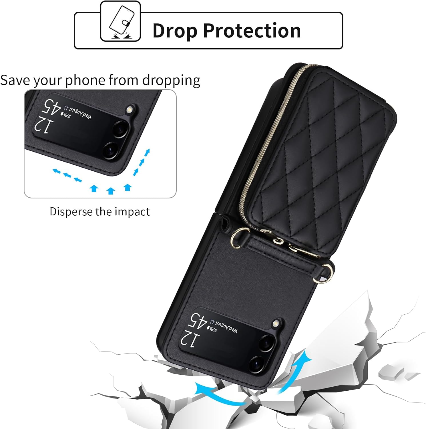 Wallet Case for Samsung Galaxy Z Flip 4 5G 2022 with Wrist Strap Crossbody Shoulder Strap Mutiple Card Slots Zipper Purse, Luxury PU Leather Stand Cell Phone Cover for ZFlip4 Z4 Flip4 4Z Black