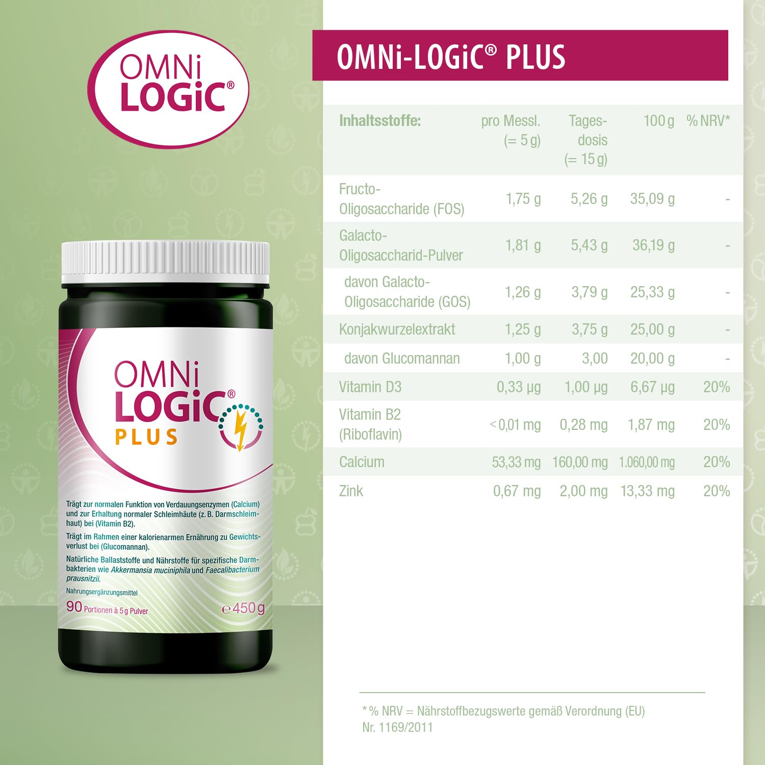 OMNi LOGiC PLUS | Natürliche Ballaststoffe und Nährstoffe für spezifische Darmbakterien | Mit Glucomannan | Pulver | Vegetarisch | Glutenfrei | 90 Portionen (450 g)