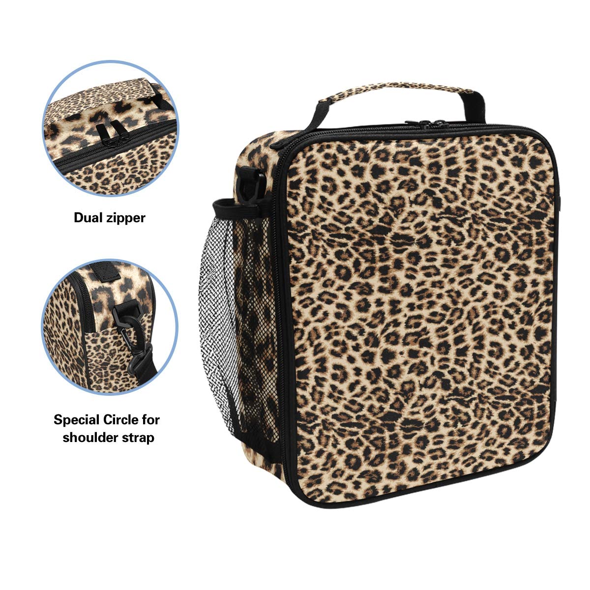 Pfrewn Leopard Print Lunch Box for Women Leopard Snakeskin Zebra Pattern Insulated Kids Lunch Bag Fashion Wild Animals Reusable Cooler Meal Prep Bags Lunch Tote with Shoulder Strap for School Office
