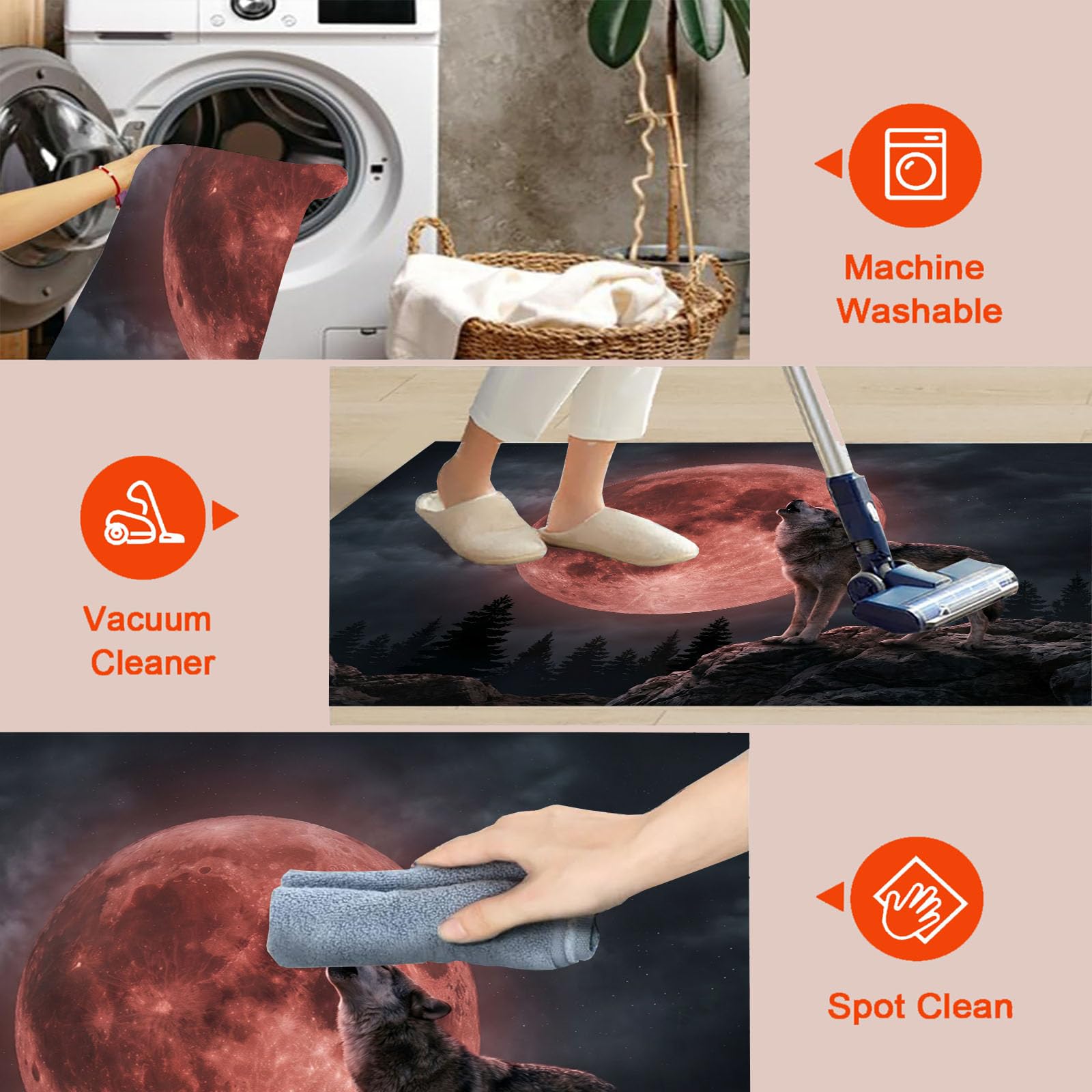 Tapis Rond Lavable Lune De Sang Loup Hurlant 160cm | Tapis Créature De Dark Fantasy Antidérapants Salon Lavable en Machine pour pour Salle à Manger, Entrée, Cuisine, Rouge Foncé