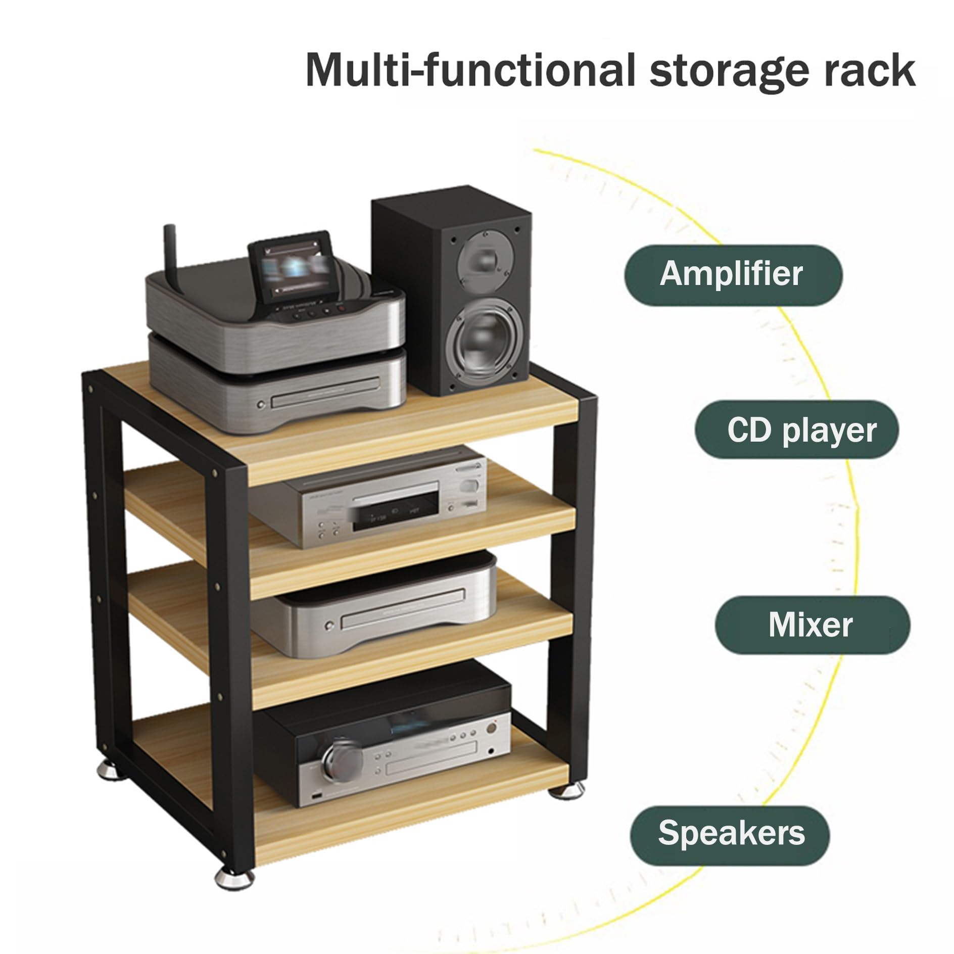Mueble Equipo Hifi,Soporte Altavoz de 3/4 Niveles,Mueble Tocadiscos,Soporte Multimedia de Madera y Metal,Estante de Audio,Mueble de TV,Estantes y Soportes de alta Fidelidad,para Hogar Familia(Black+Te