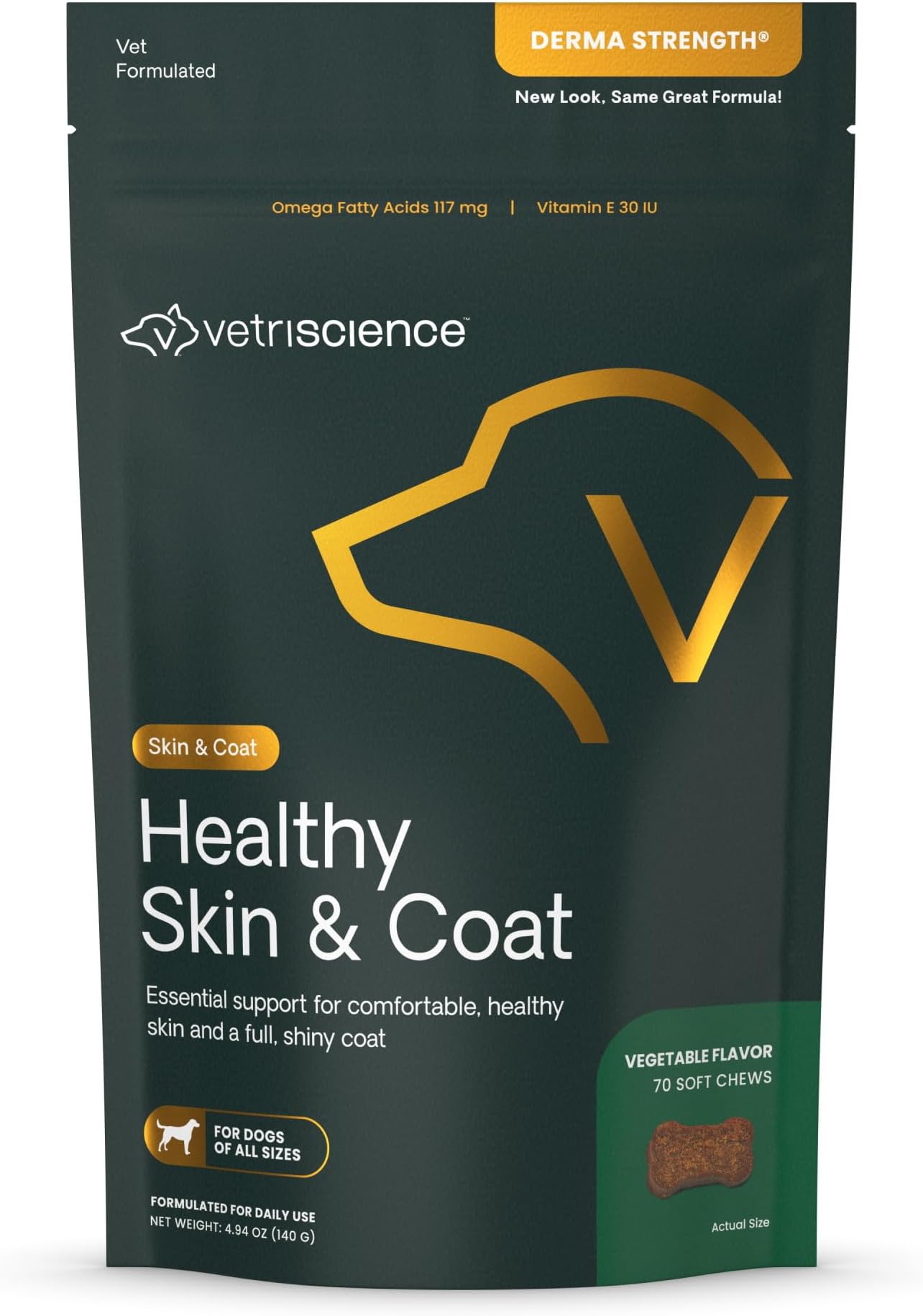VetriScience Derma Strength Healthy Skin and Coat Chews with Omega 3, 6 and 9 for Dogs, 70 Chews - Can Reduce Shedding and Support Skin Health